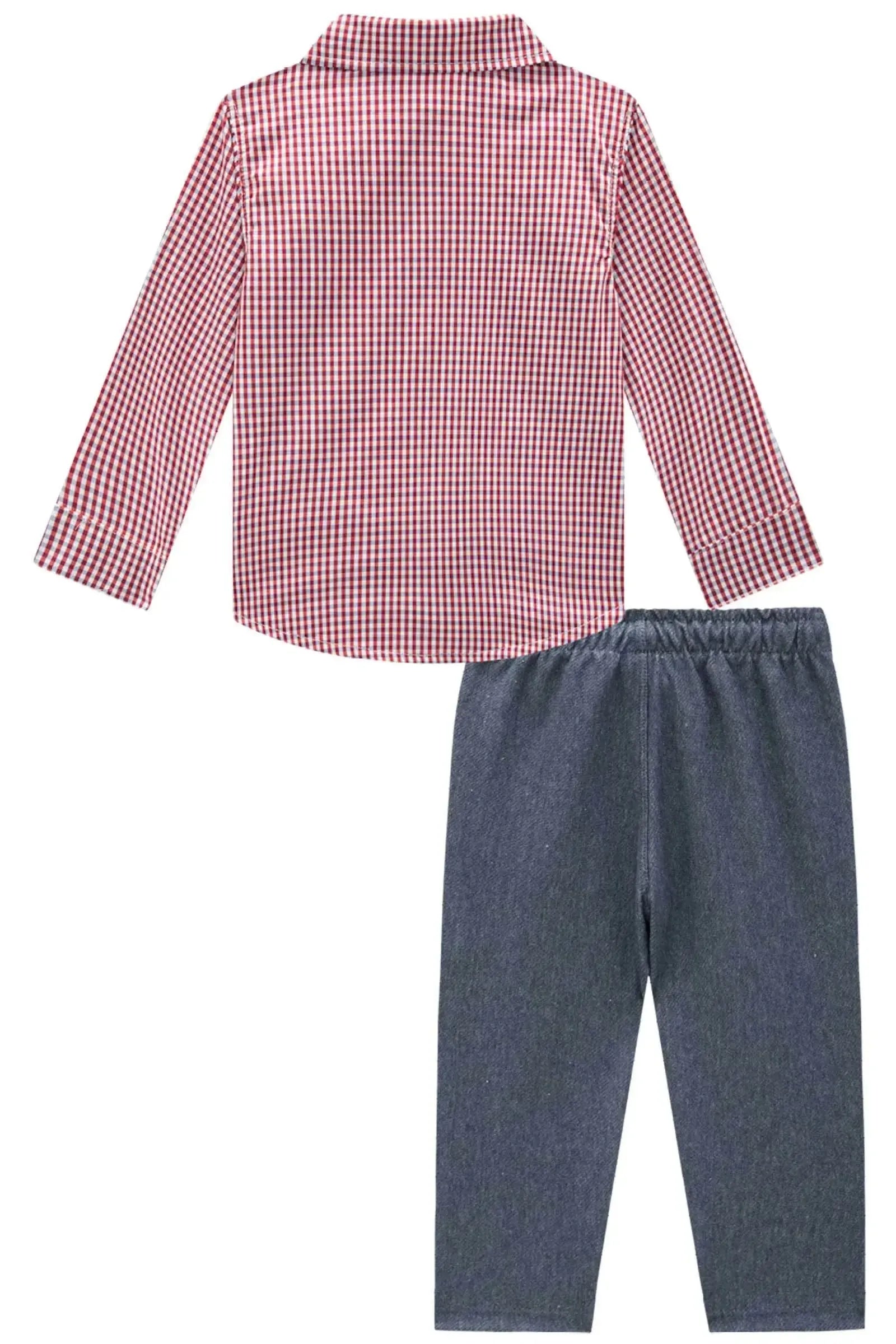 Conjunto de Camisa em Tricoline Xadrez e Calça Skinny em Cotton Jeans com Elastano 92088 LucBoo Bebê Menino