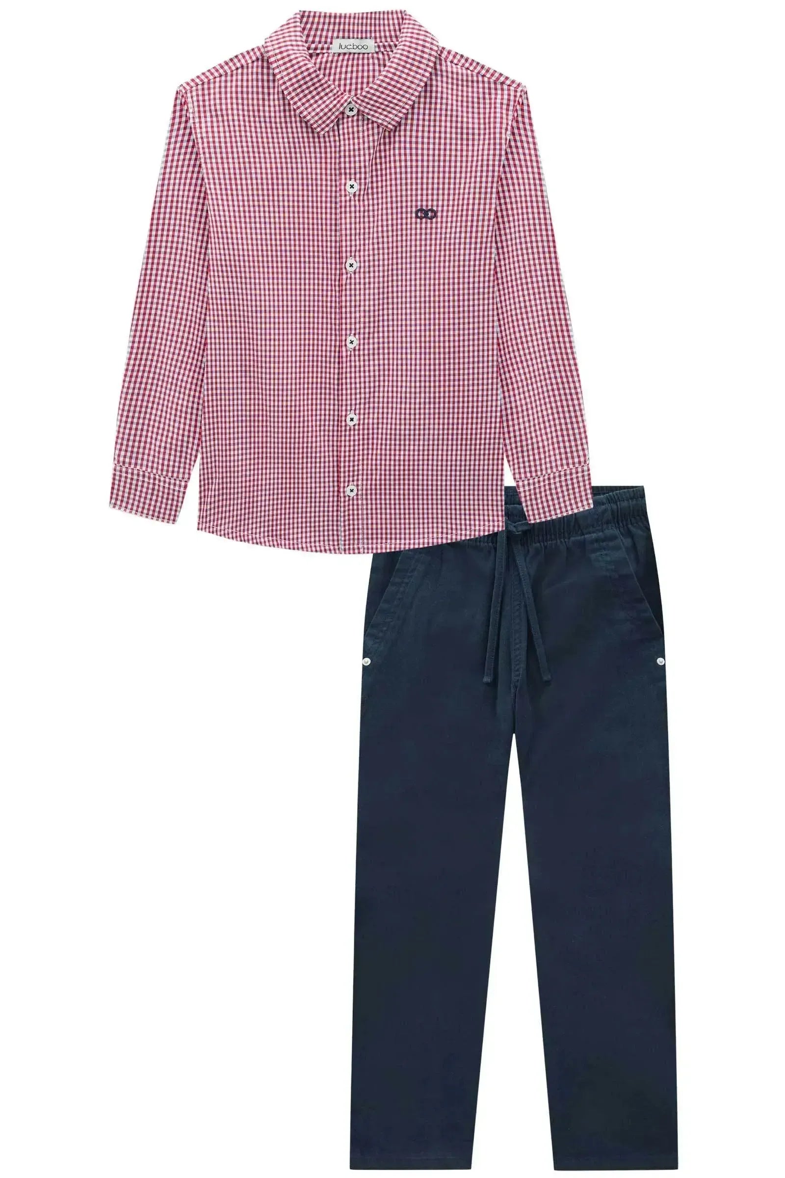 Conjunto de Camisa em Tricoline Xadrez e Calça Skinny em Sarja Stretch com Elastano 92085 LucBoo Infantil Menino