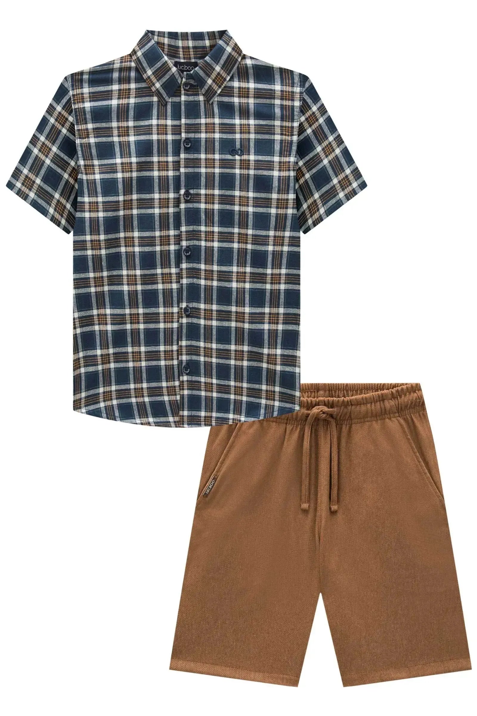 Conjunto de Camisa em Tricoline Xadrez Fio Tinto e Bermuda em Cotton Jeans com Elastano 93700 LucBoo Infantil Menino