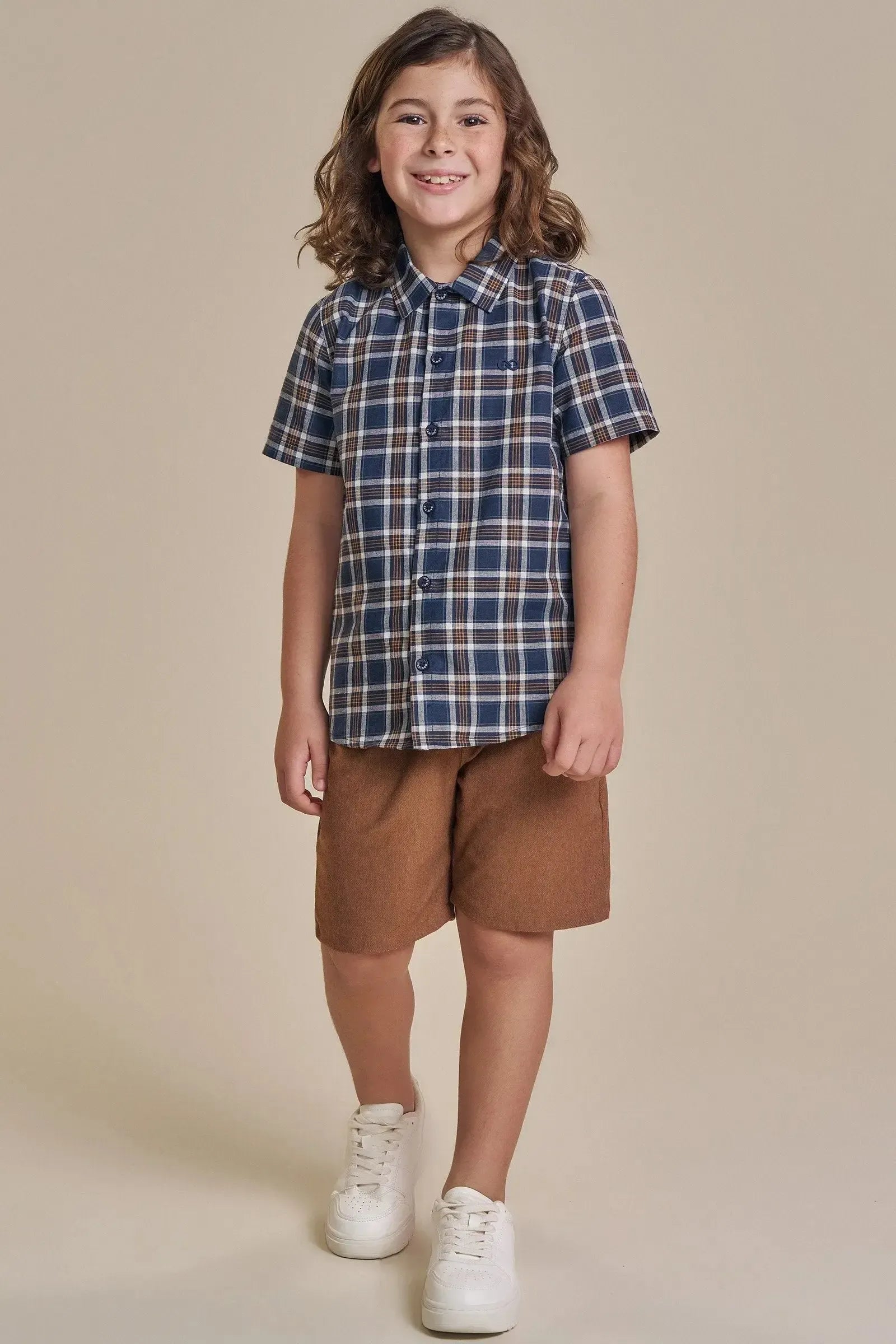 Conjunto de Camisa em Tricoline Xadrez Fio Tinto e Bermuda em Cotton Jeans com Elastano 93700 LucBoo Infantil Menino