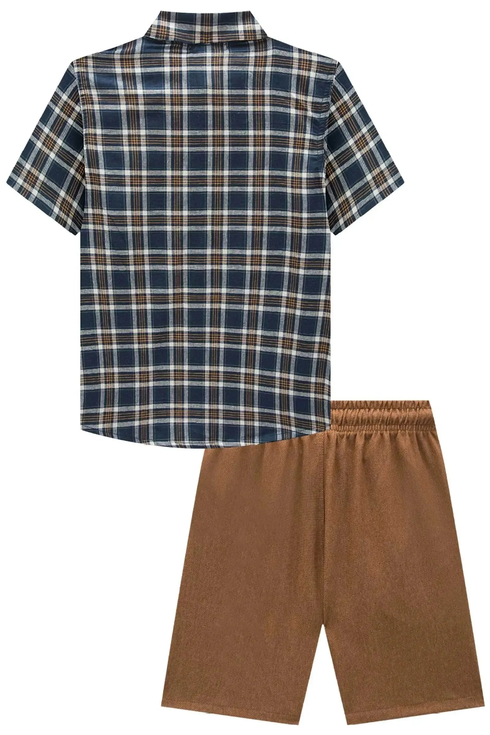Conjunto de Camisa em Tricoline Xadrez Fio Tinto e Bermuda em Cotton Jeans com Elastano 93700 LucBoo Infantil Menino