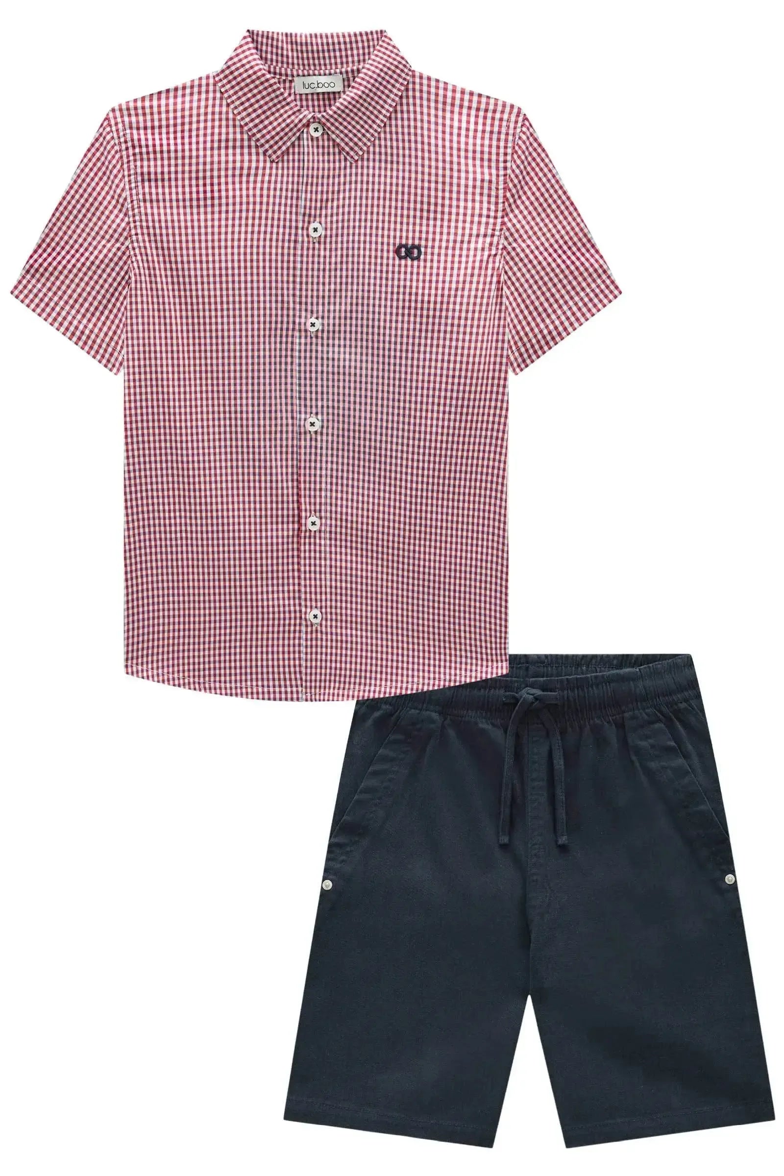 Conjunto de Camisa em Tricoline Xadrez Fio Tinto e Bermuda em Sarja Stretch com Elastano 93545 LucBoo Infantil Menino