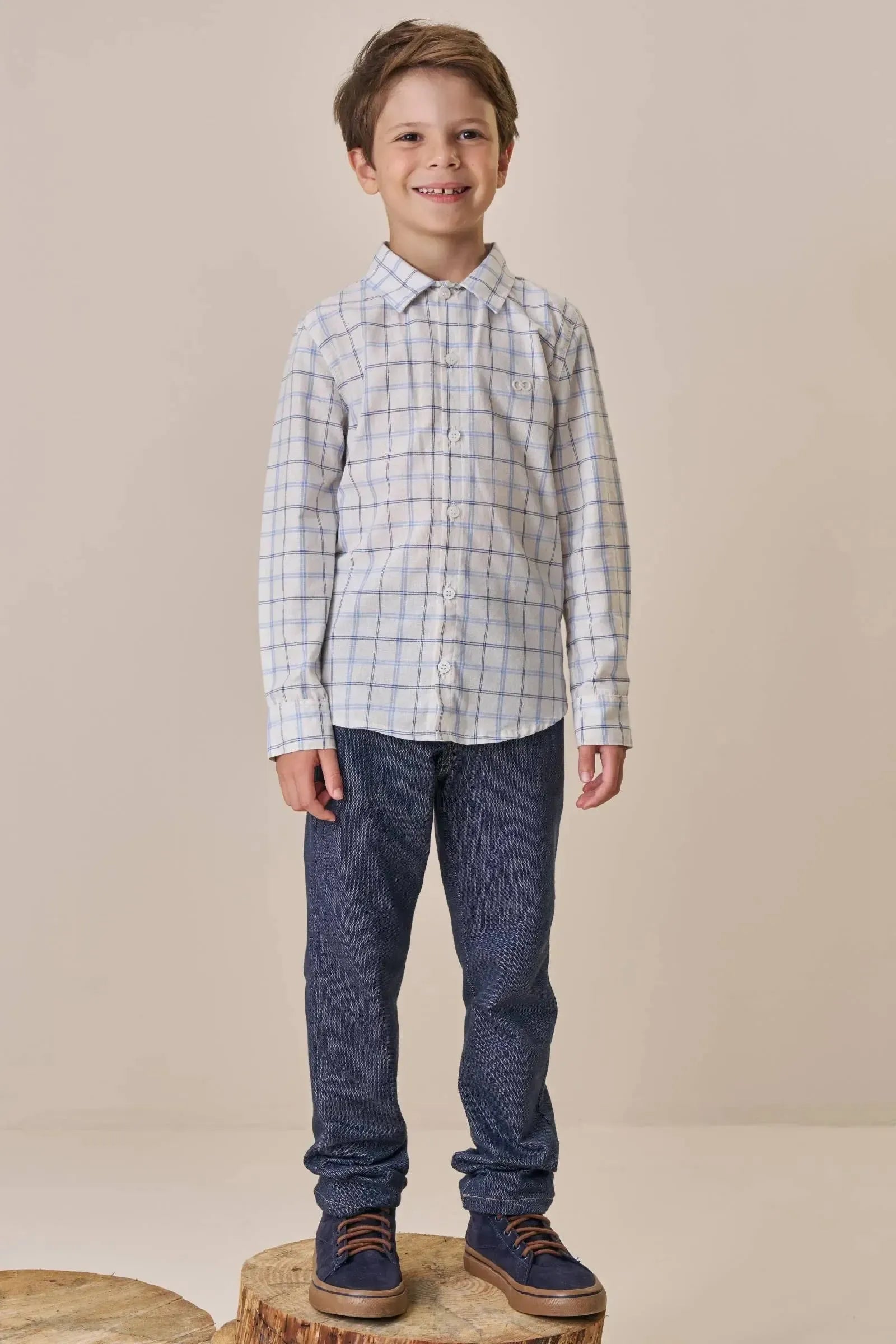 Conjunto de Camisa em Tricoline Xadrez Fio Tinto e Calça em Cotton Jeans com Elastano 89892 LucBoo Infantil Menino