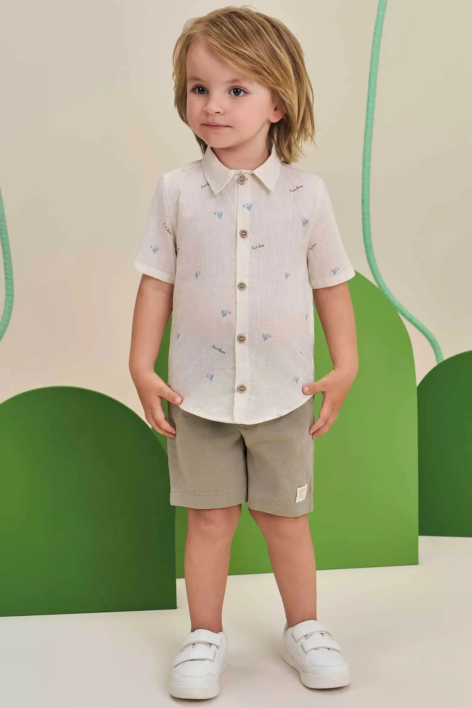Conjunto de Camisa em Verano Linho Plus e Bermuda em Sarja Ônix com Elastano 98171 LucBoo Infantil Menino