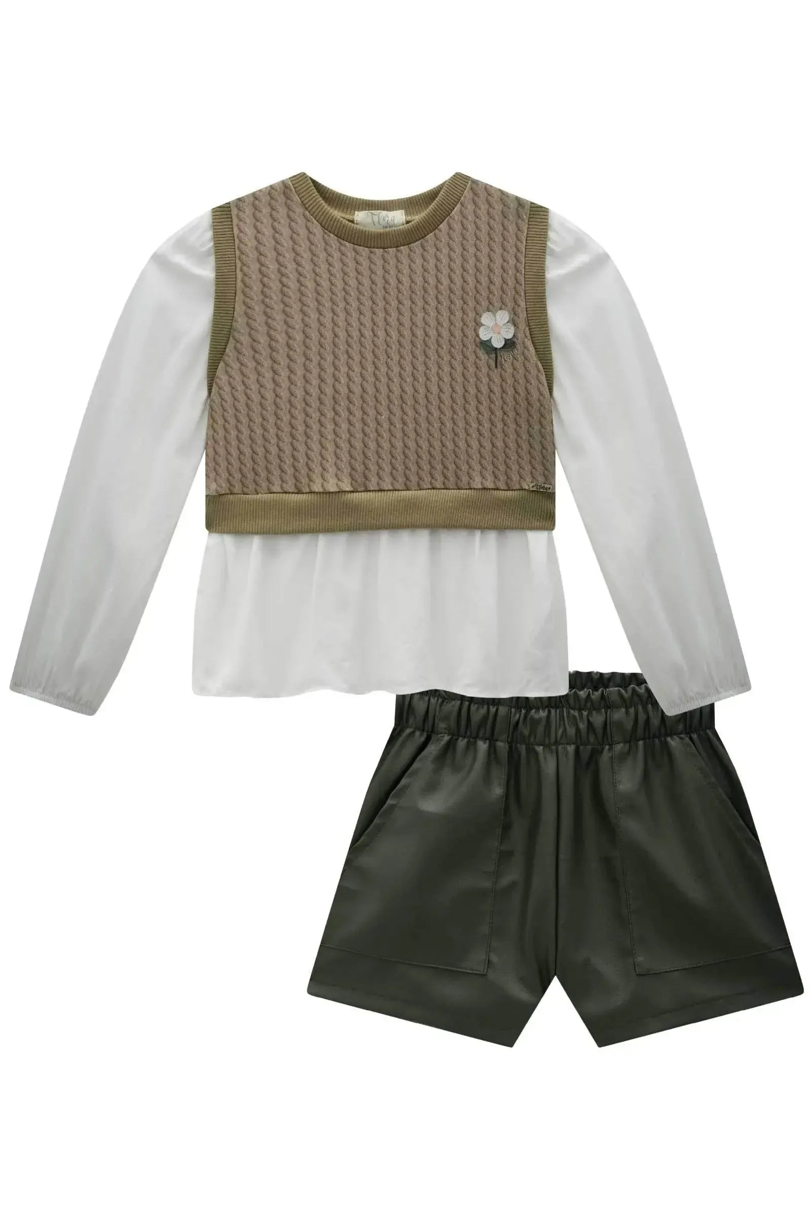 Conjunto de Camisa em Viscose Sarjada e Molecotton com Shorts em Couro Sintético 90509 Infanti Infantil Menina