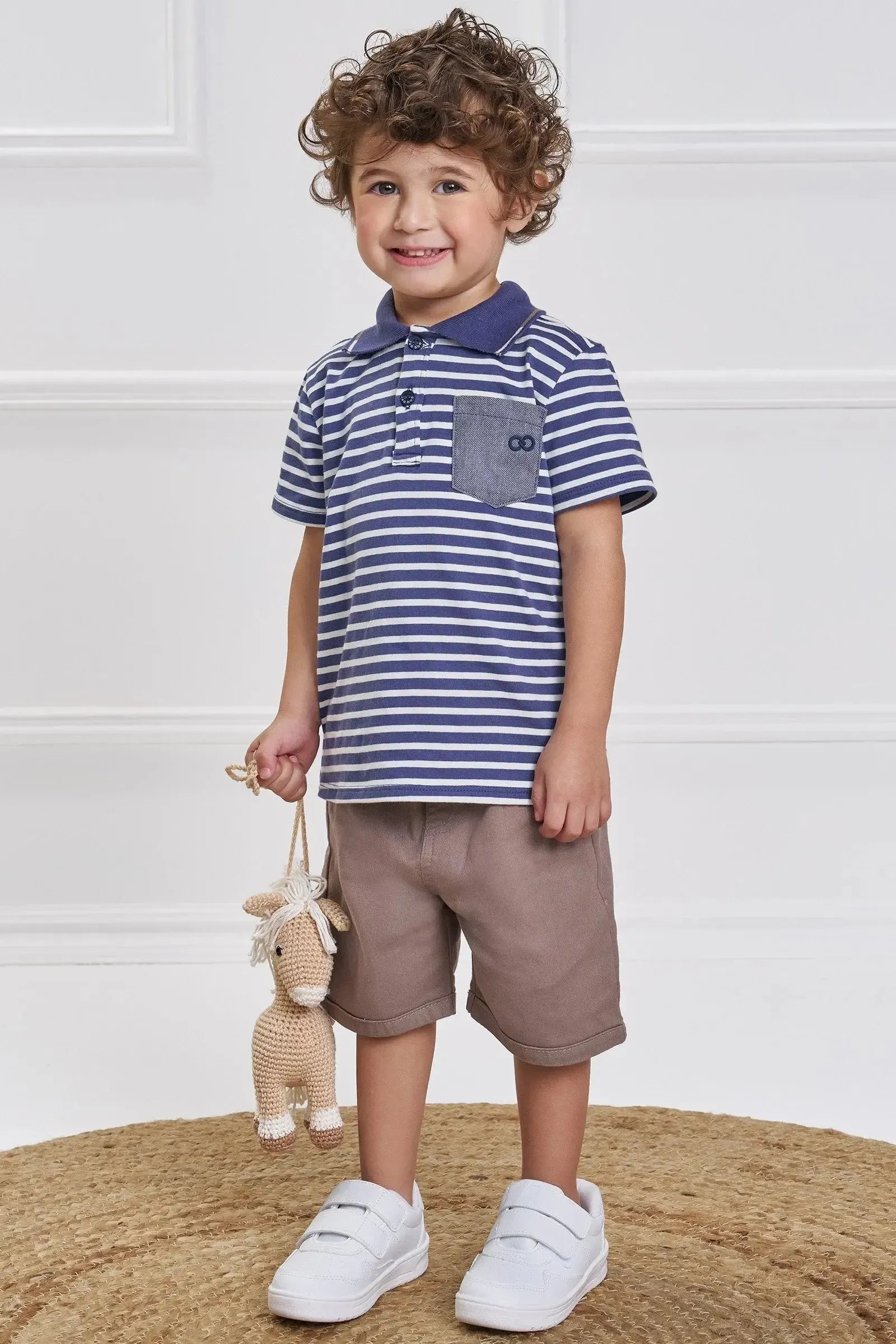 Conjunto de Camisa Polo em Cotton e Bermuda em Sarja Stretch com Elastano 93556 LucBoo Bebê Menino
