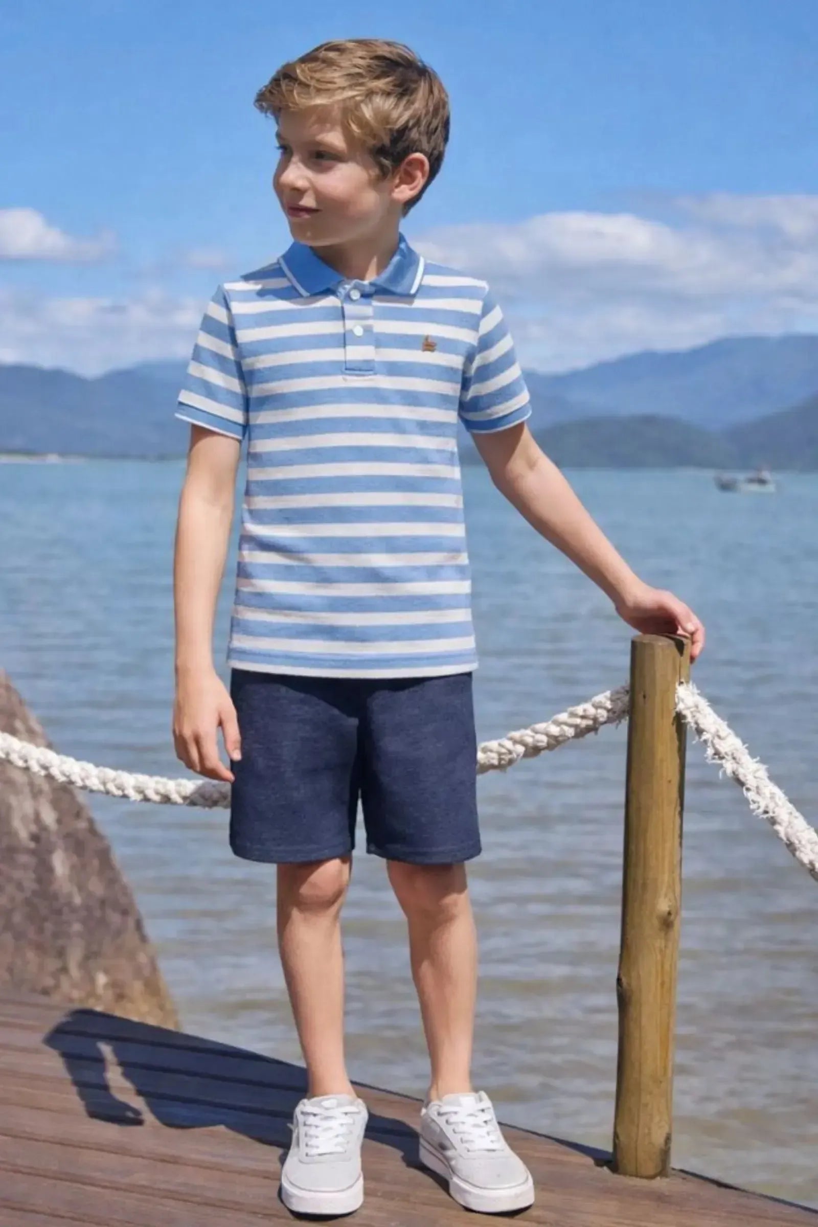 Conjunto de Camisa Polo em Malha Brizza e Bermuda em Sarja Girassol com Elastano 96015 LucBoo Infantil Menino