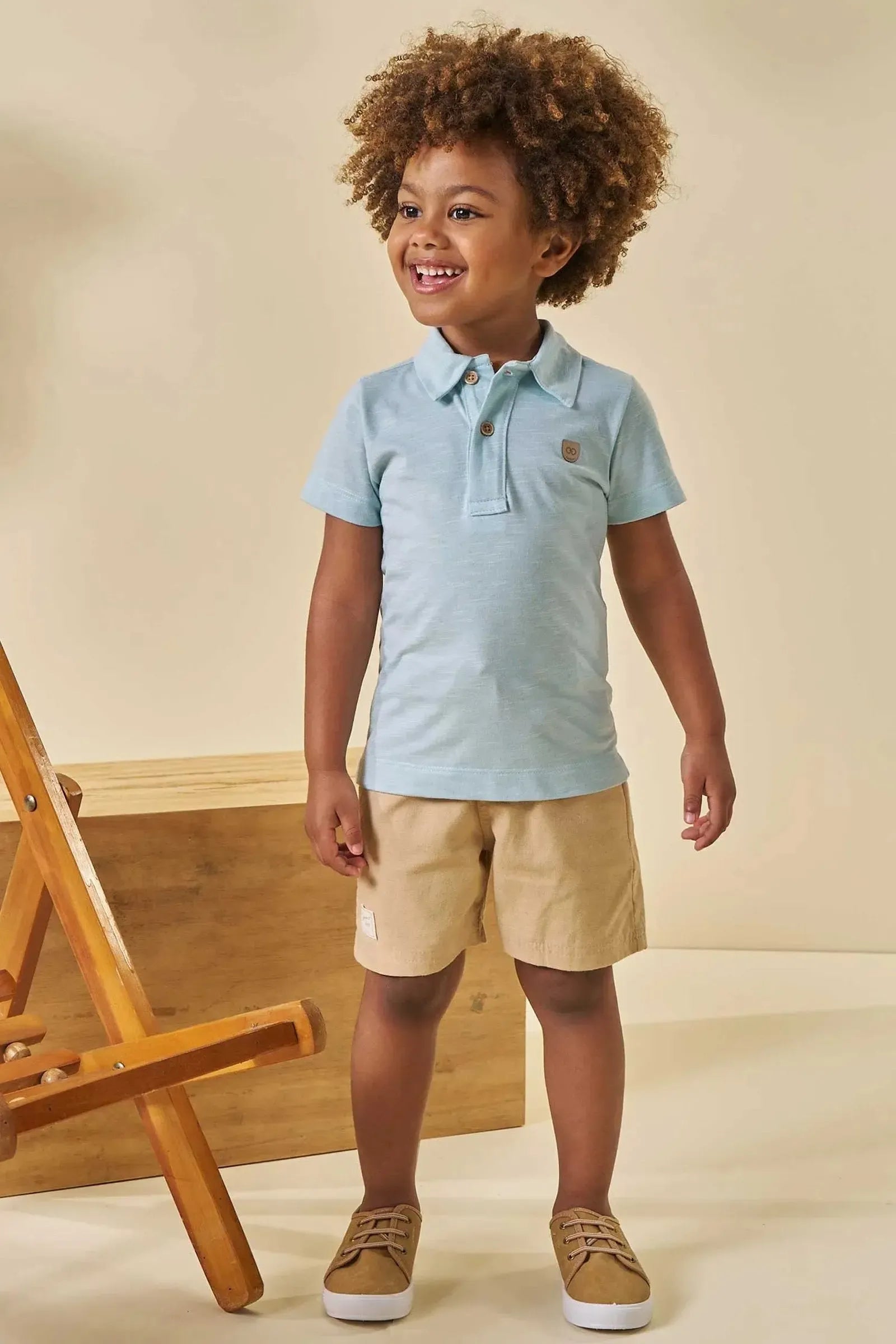 Conjunto de Camisa Polo em Malha Mesclada e Bermuda em Linho Santorine com Elastano 97102 LucBoo Infantil Menino