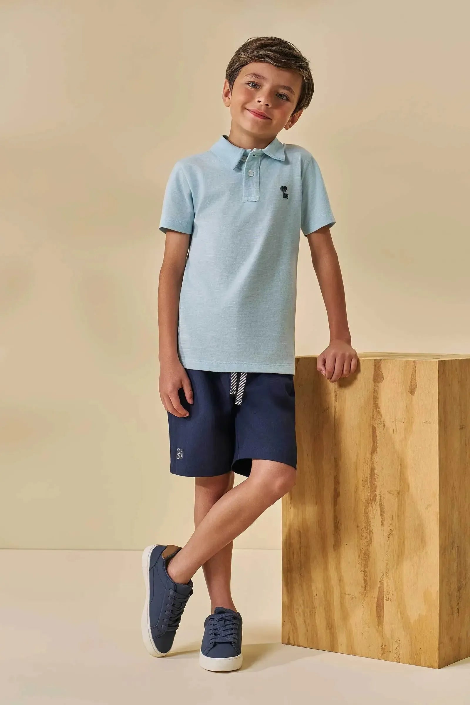 Conjunto de Camisa Polo em Malha Mesclada e Bermuda em Sarja Girassol com Elastano 96548 LucBoo Infantil Menino
