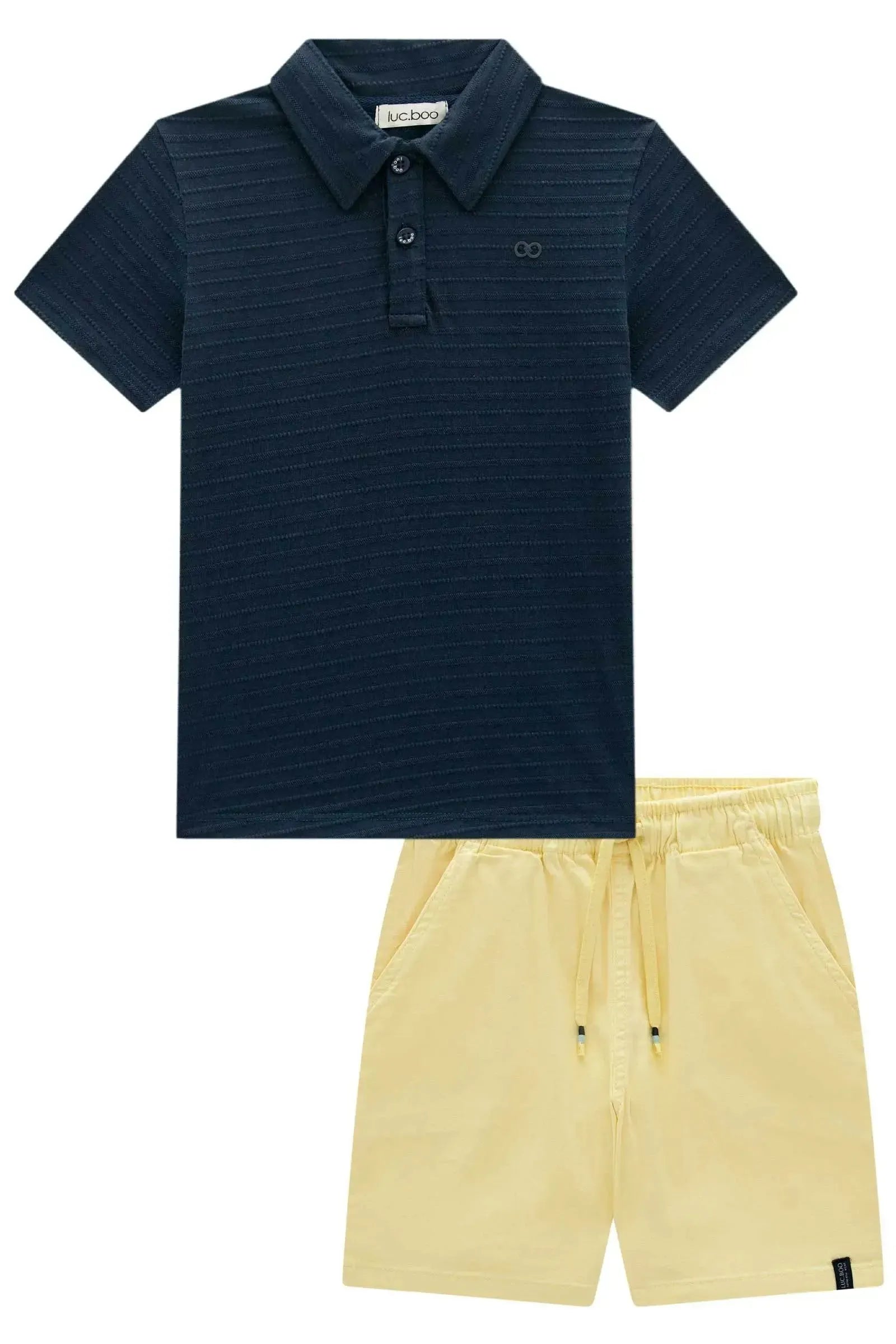 Conjunto de Camisa Polo em Malha Textura e Bermuda em Sarja Ônix com Elastano 98234 LucBoo Infantil Menino
