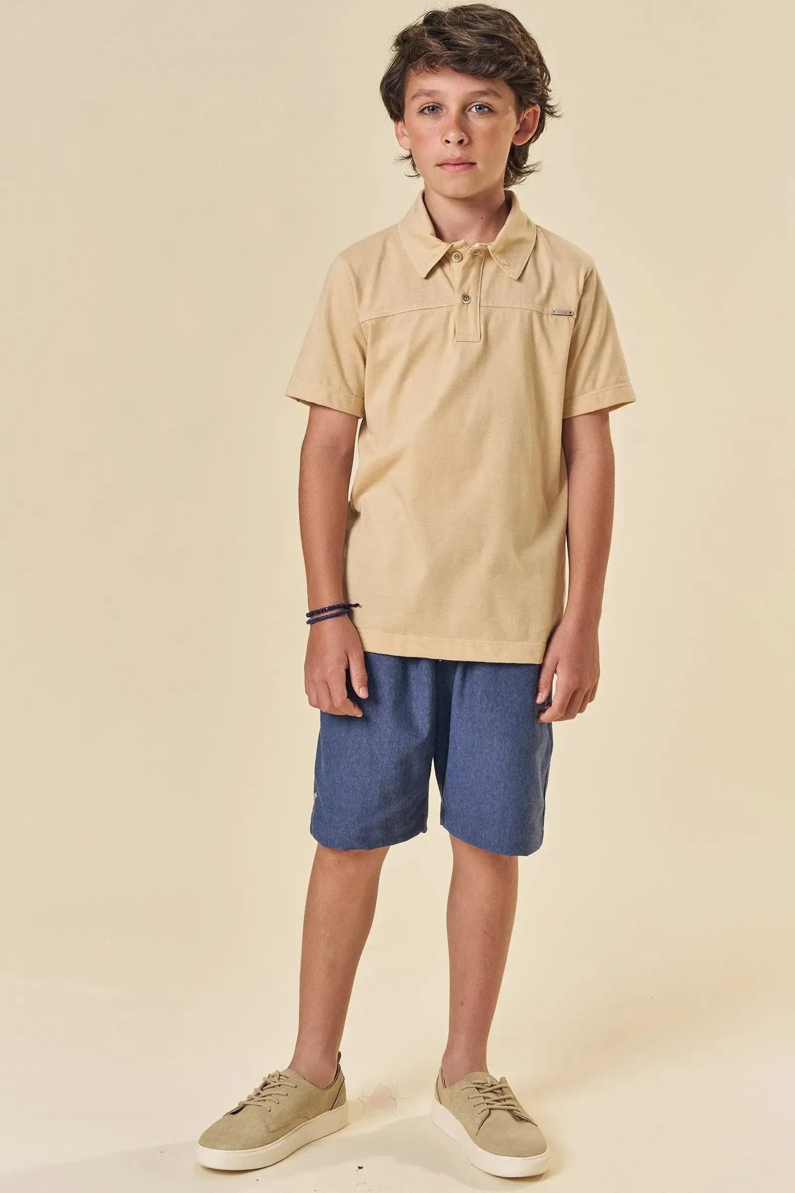 Conjunto de Camisa Polo em Meia Malha e Bermuda em Cotton Jeans com Elastano 84102 Johnny Fox Teen Menino