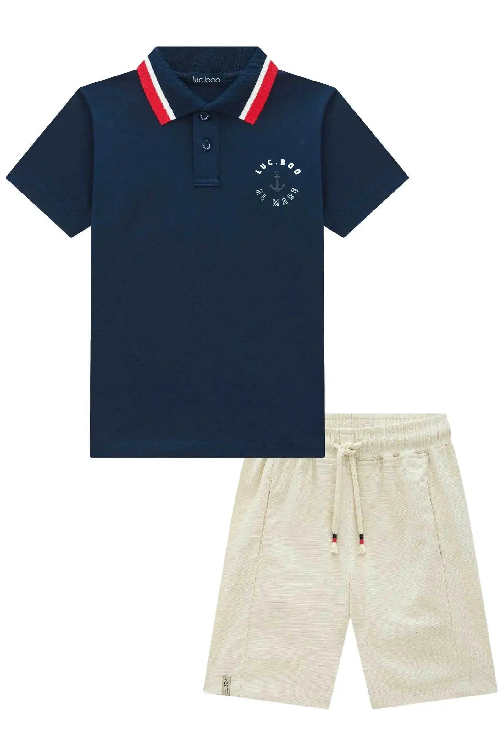 Conjunto de Camisa Polo em Meia Malha e Bermuda em Linho Santorine com Elastano 95477 LucBoo Infantil Menino