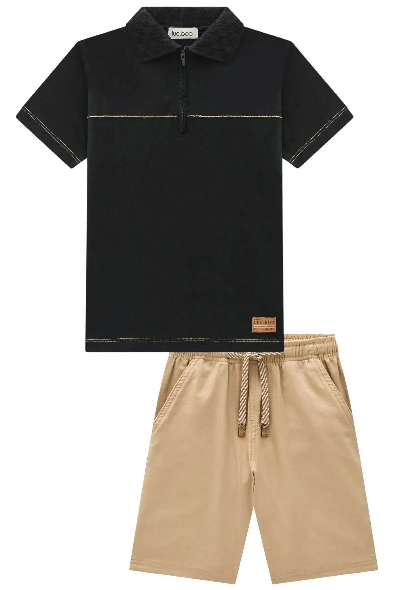 Conjunto de Camisa Polo em Meia Malha e Bermuda em Sarja Girassol com Elastano 96998 LucBoo Infantil Menino