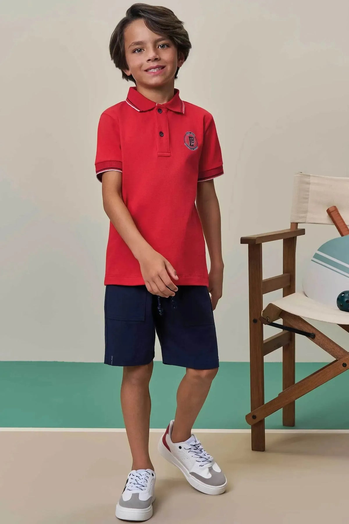 Conjunto de Camisa Polo em Meia Malha e Bermuda em Sarja Girassol com Elastano 98433 LucBoo Infantil Menino