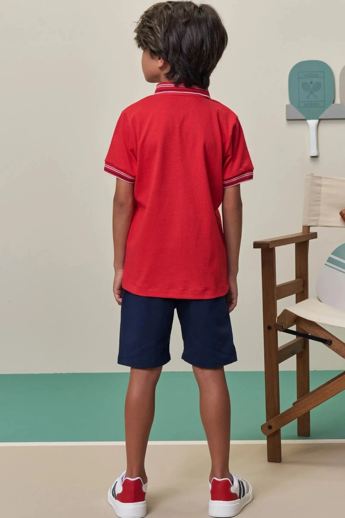 Conjunto de Camisa Polo em Meia Malha e Bermuda em Sarja Girassol com Elastano 98433 LucBoo Infantil Menino