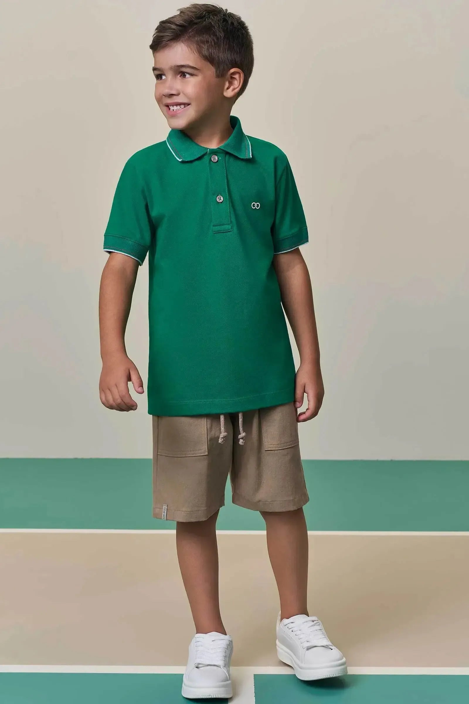 Conjunto de Camisa Polo em Meia Malha e Bermuda em Sarja Girassol com Elastano 98440 LucBoo Infantil Menino