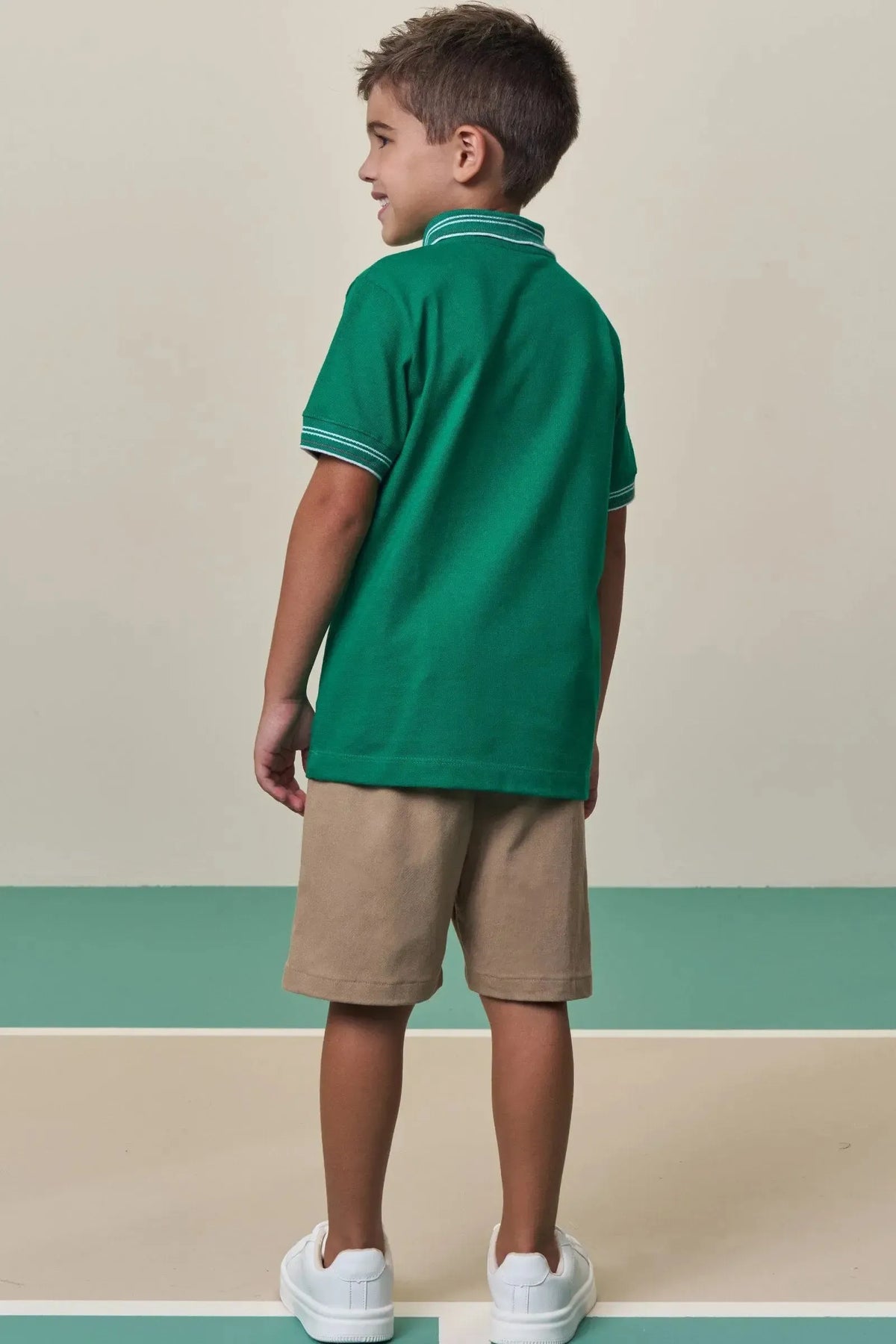 Conjunto de Camisa Polo em Meia Malha e Bermuda em Sarja Girassol com Elastano 98440 LucBoo Infantil Menino