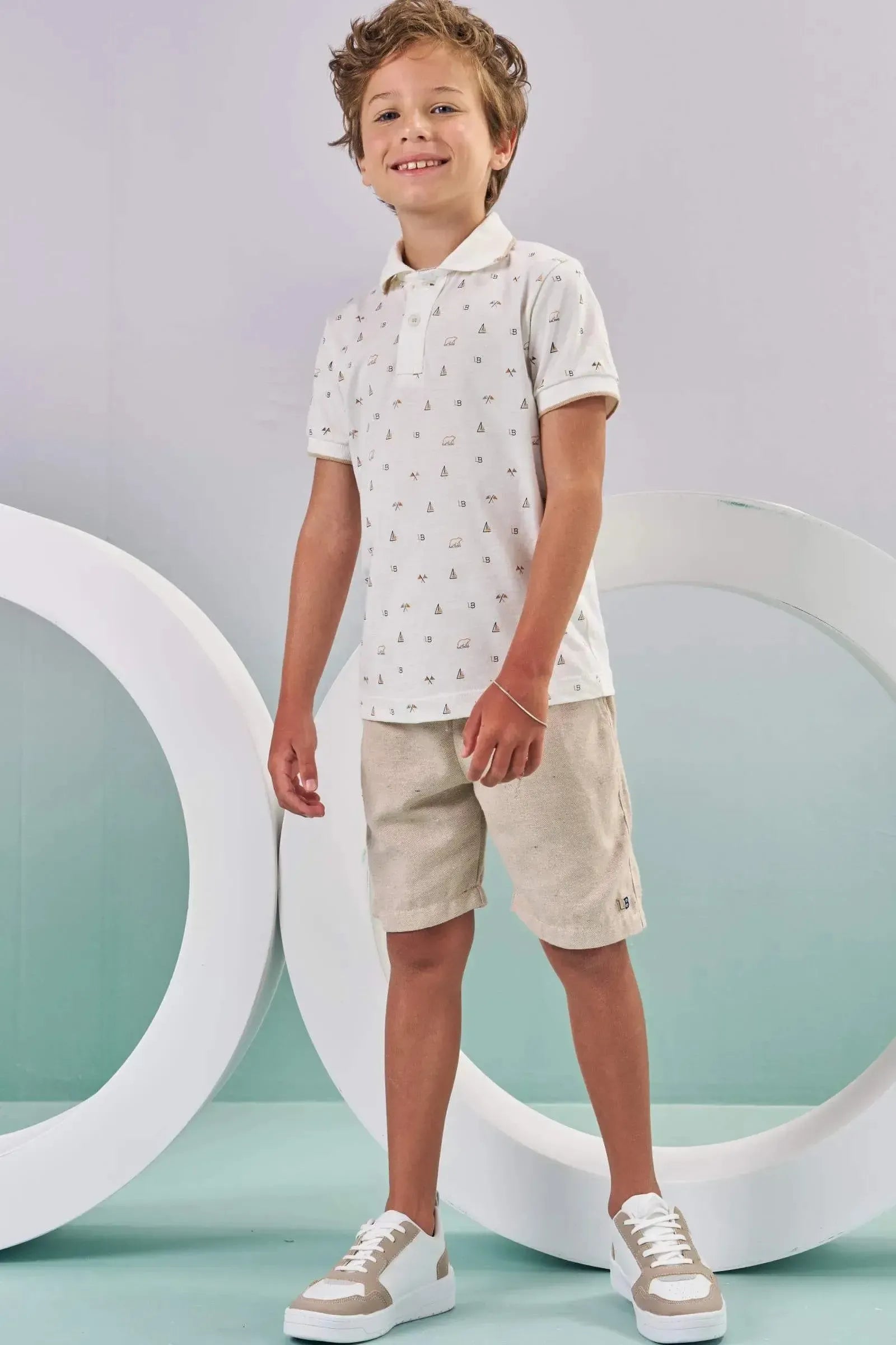 Conjunto de Camisa Polo em Meia Malha e Bermuda em Tecido Rivera 87985 LucBoo Infantil Menino