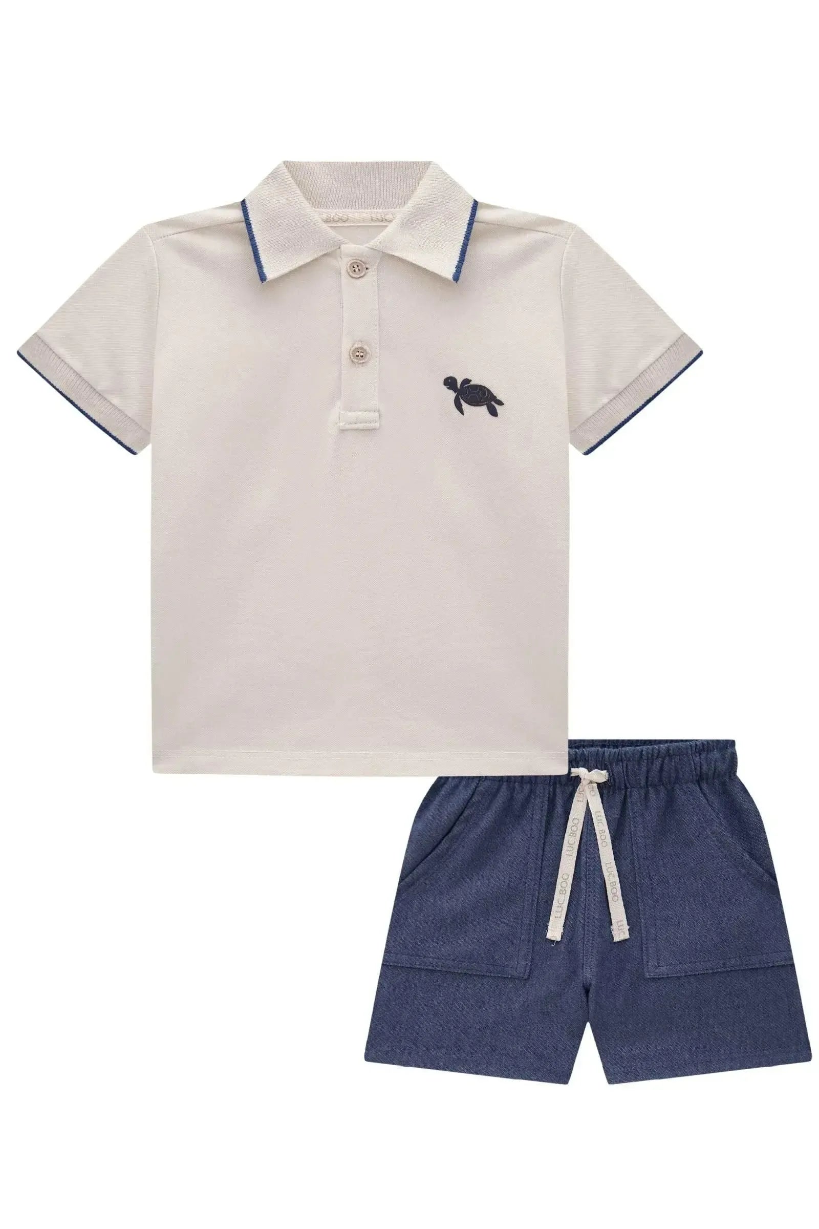 Conjunto de Camisa Polo em Piquet com Elastano e Bermuda em Cotton Jeans com Elastano 83385 LucBoo Bebê Menino