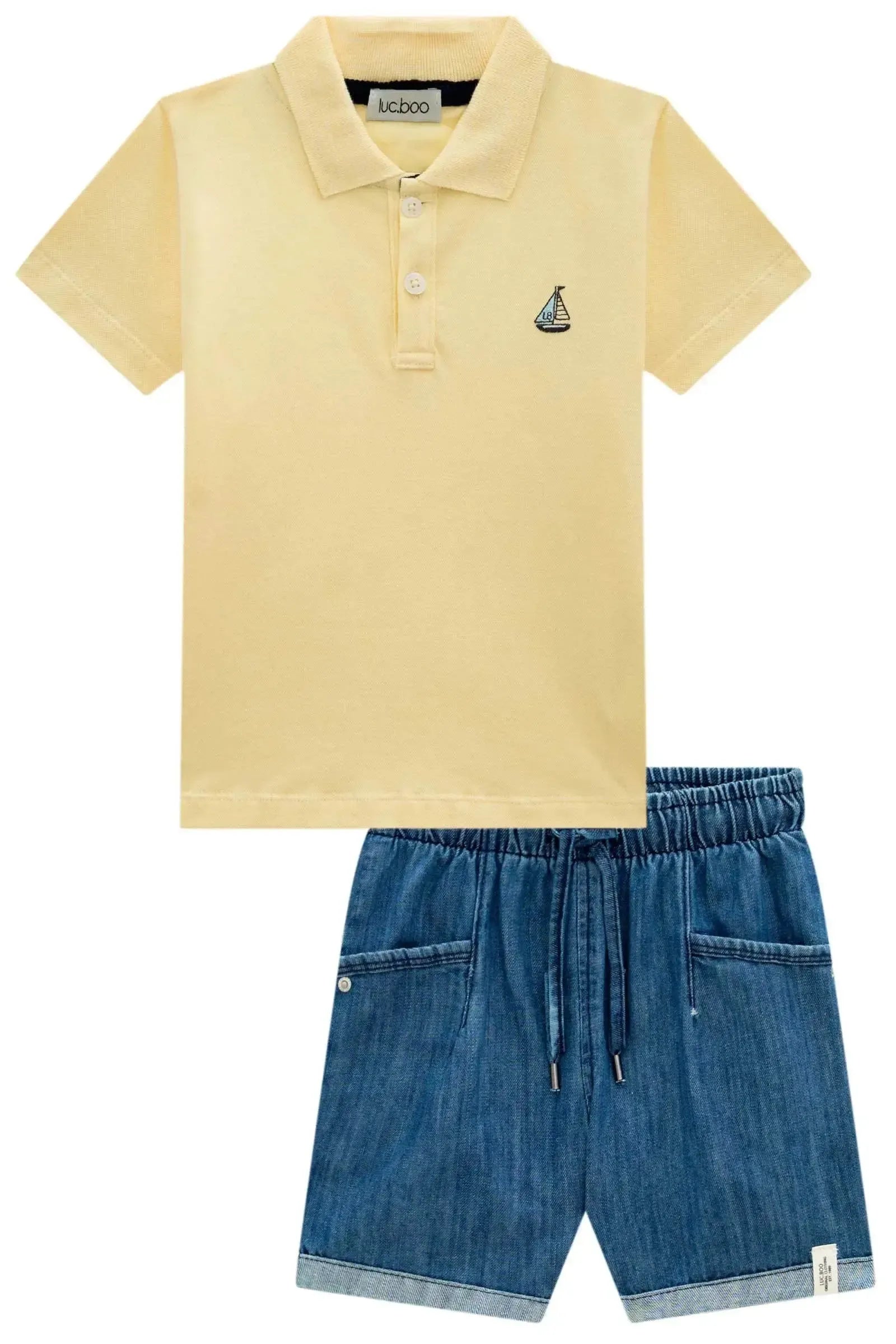 Conjunto de Camisa Polo em Piquet com Elastano e Bermuda em Jeans Benício com Elastano 98233 LucBoo Infantil Menino