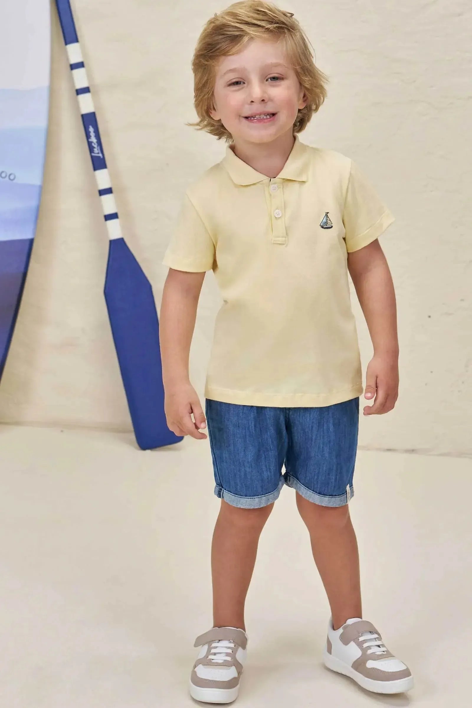 Conjunto de Camisa Polo em Piquet com Elastano e Bermuda em Jeans Benício com Elastano 98233 LucBoo Infantil Menino