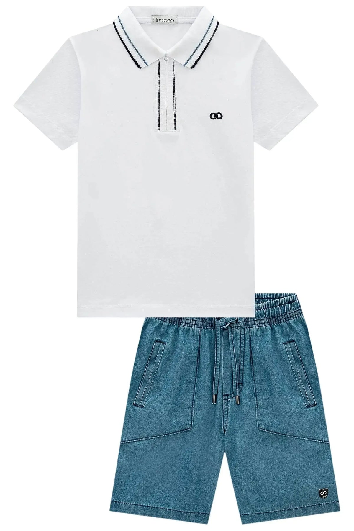 Conjunto de Camisa Polo em Piquet com Elastano e Bermuda em Jeans Teca 99326 LucBoo Infantil Menino