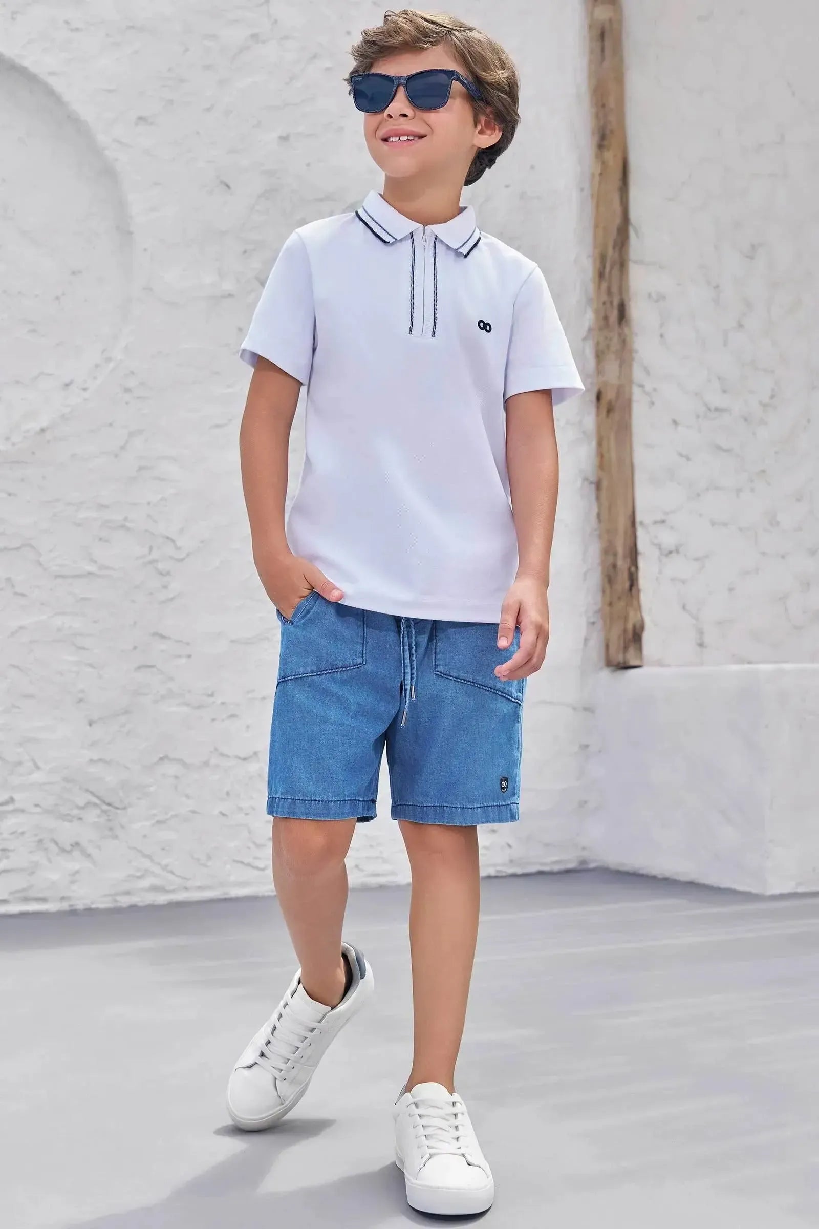 Conjunto de Camisa Polo em Piquet com Elastano e Bermuda em Jeans Teca 99326 LucBoo Infantil Menino