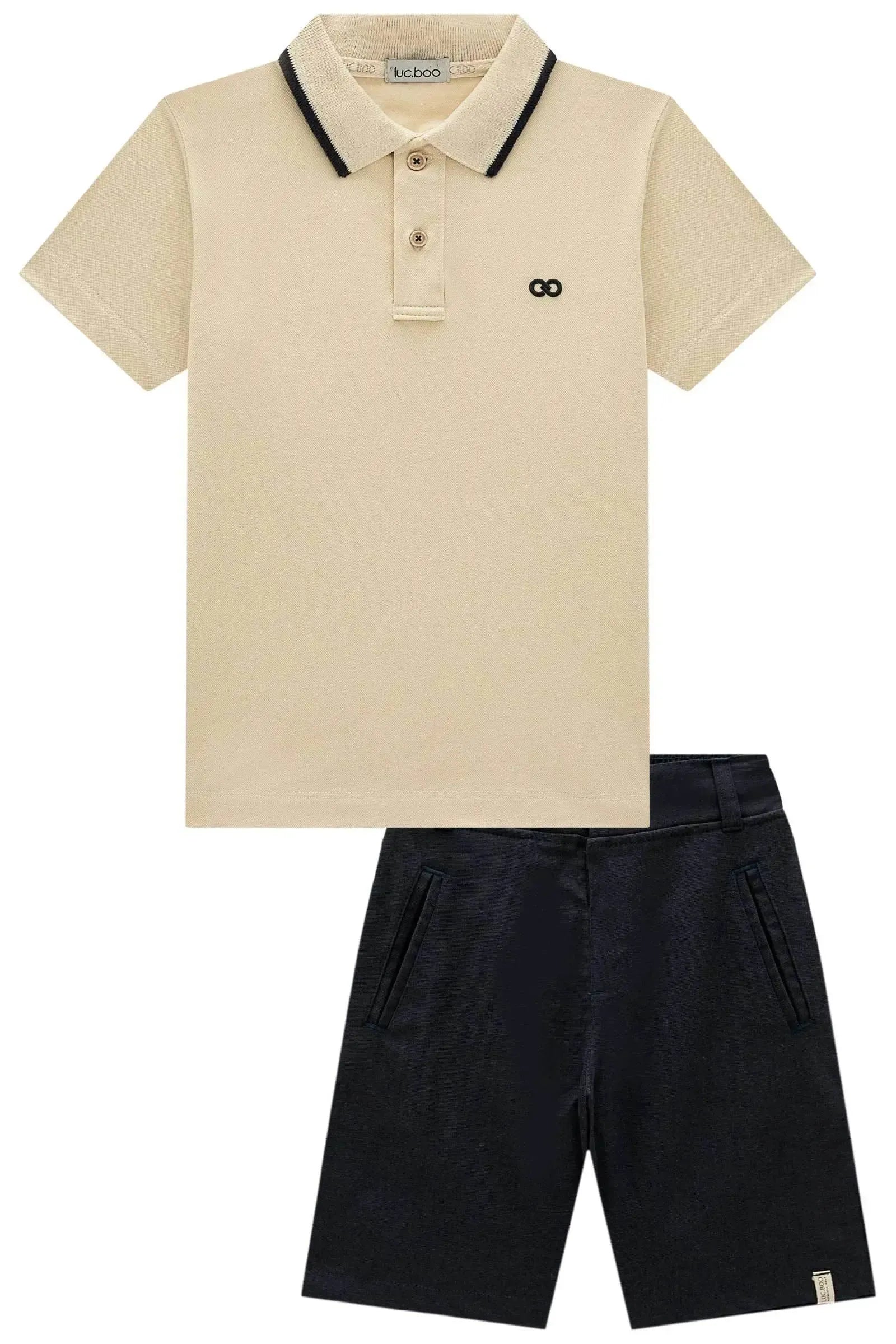 Conjunto de Camisa Polo em Piquet com Elastano e Bermuda em Linho Santorine 99062 LucBoo Infantil Menino