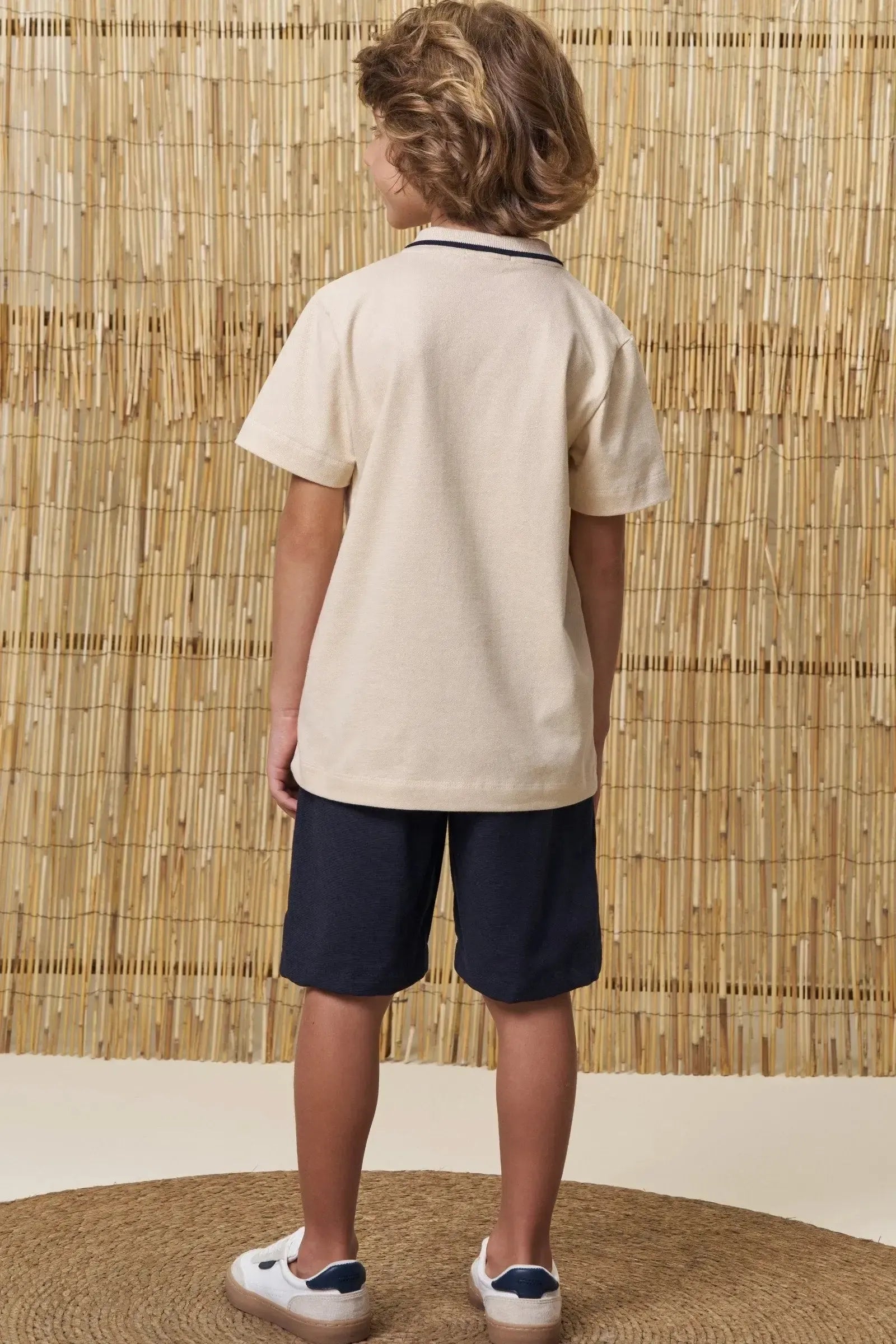 Conjunto de Camisa Polo em Piquet com Elastano e Bermuda em Linho Santorine 99062 LucBoo Infantil Menino