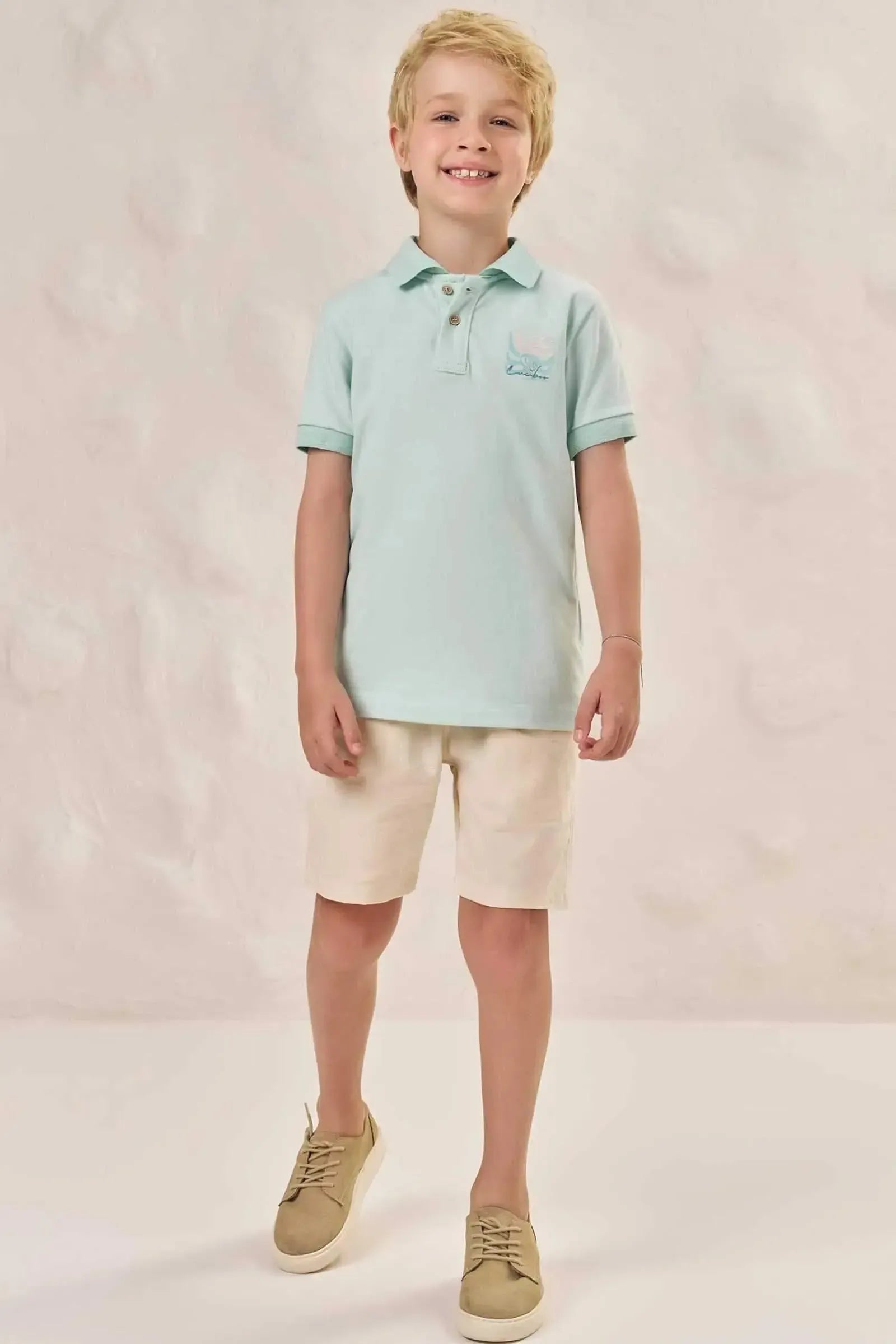 Conjunto de Camisa Polo em Piquet com Elastano e Bermuda em Linho Santorine com Elastano 88831 LucBoo Infantil Menino
