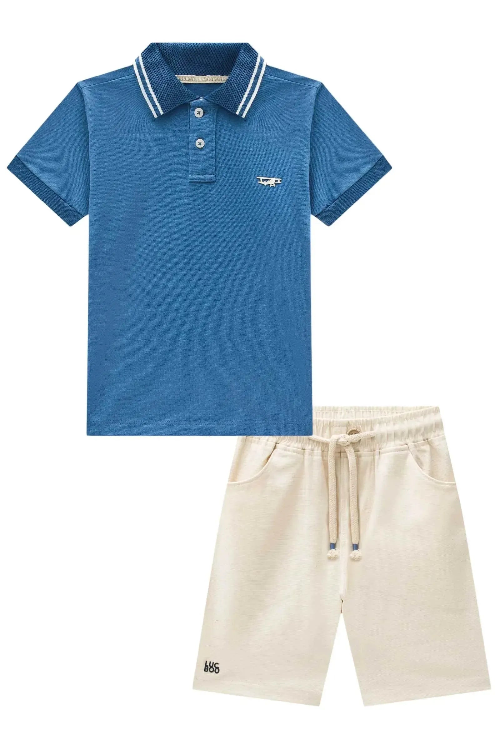 Conjunto de Camisa Polo em Piquet com Elastano e Bermuda em Linho Santorine com Elastano 94568 LucBoo Infantil Menino
