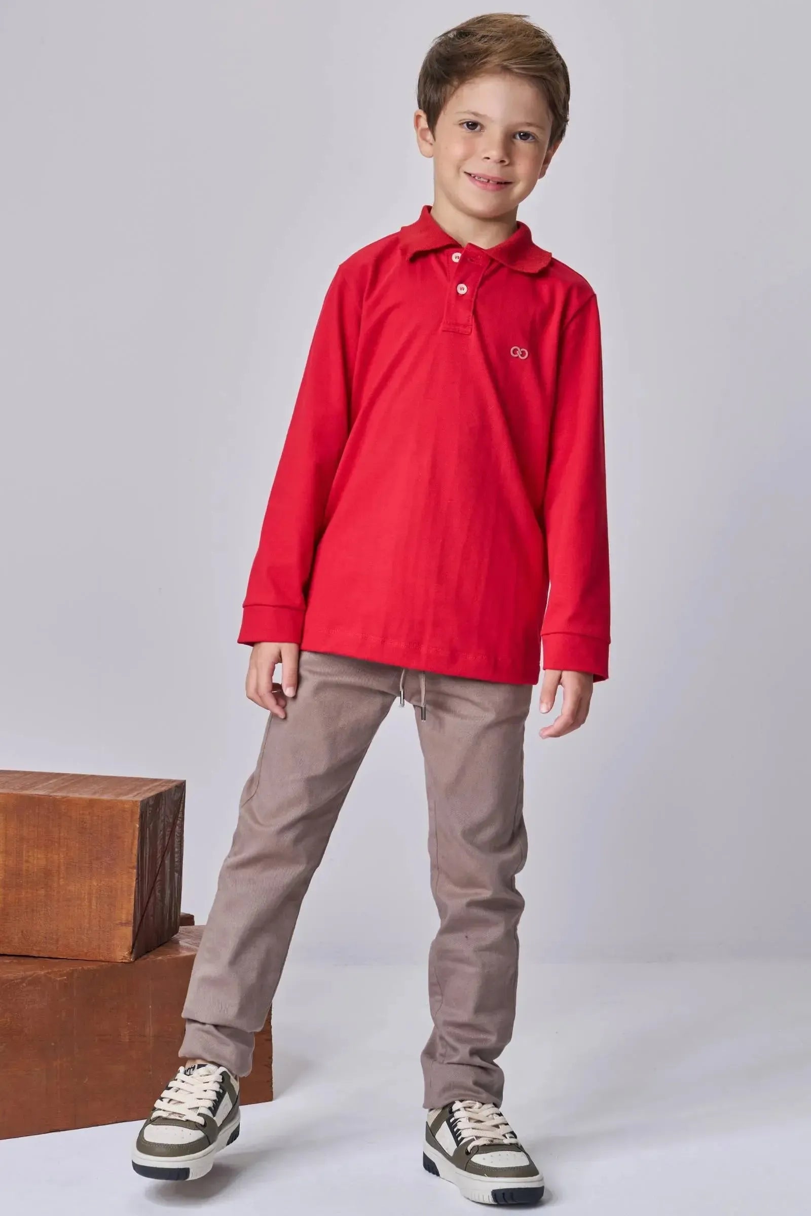 Conjunto de Camisa Polo em Piquet com Elastano e Calça Skinny em Sarja Stretch com Elastano 92091 LucBoo Infantil Menino