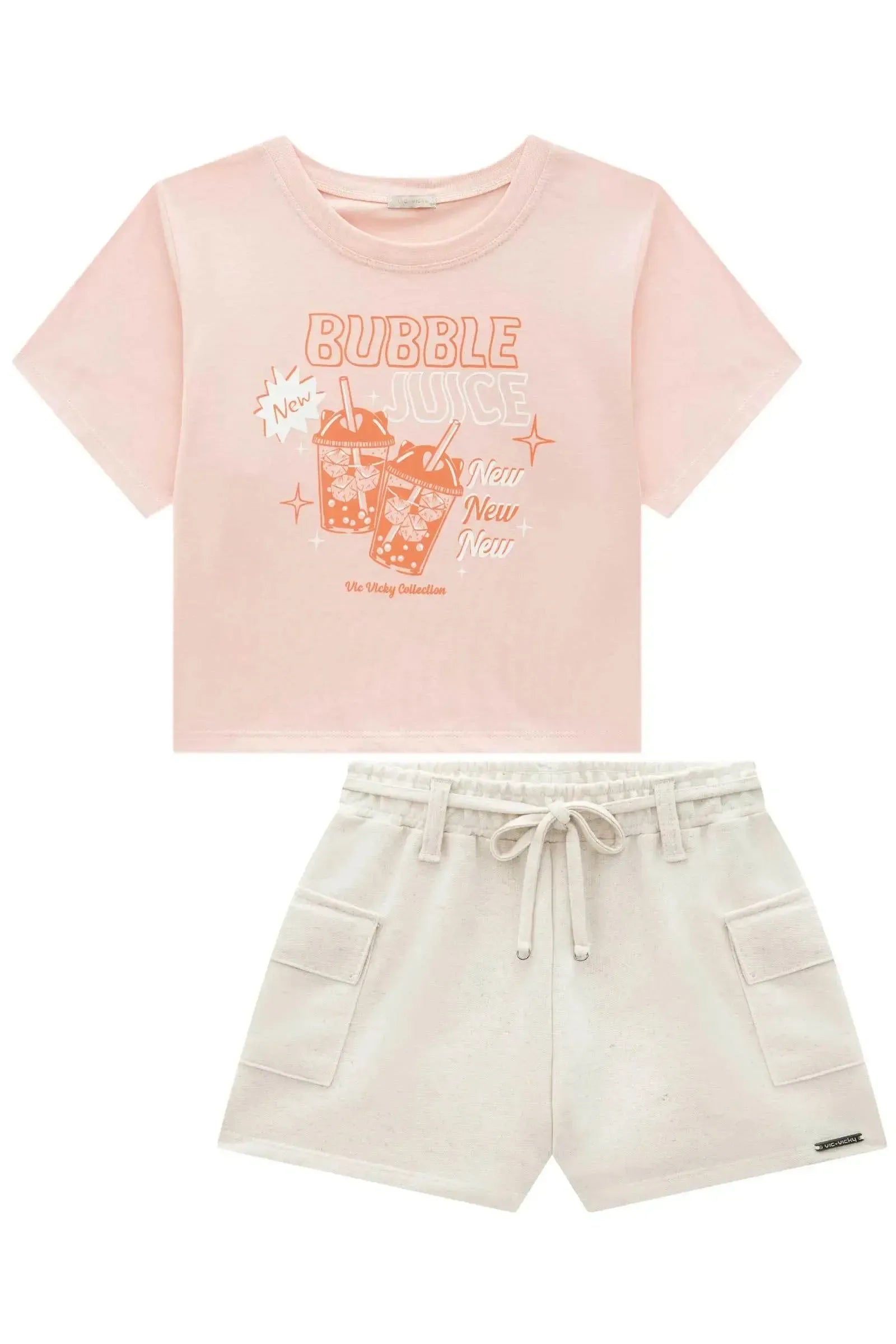 Conjunto de Camiseta Boxy Over em Meia Malha e Shorts em Moletom sem Pelúcia 92716 Vic&Vicky Teen Menina