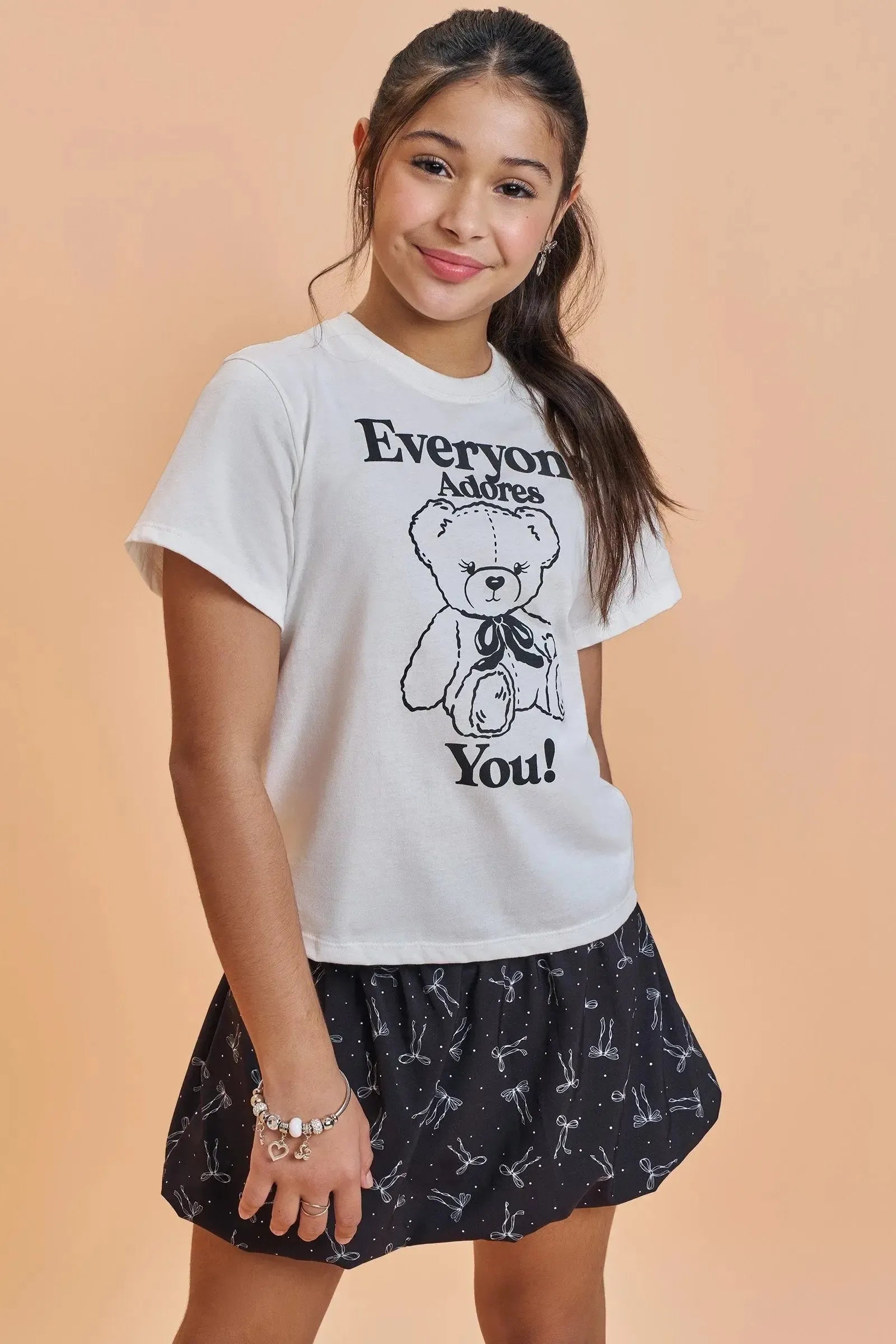 Conjunto de Camiseta Comfy em Meia Malha e Saia Balonê em Light Peach 92695 Vic&Vicky Teen Menina