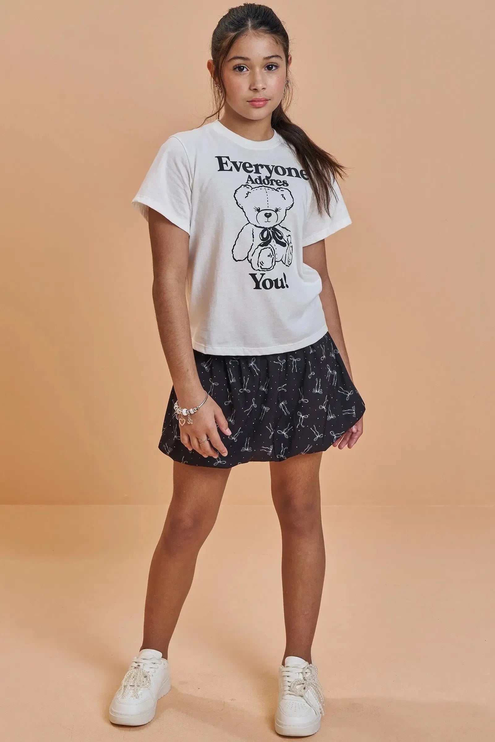 Conjunto de Camiseta Comfy em Meia Malha e Saia Balonê em Light Peach 92695 Vic&Vicky Teen Menina