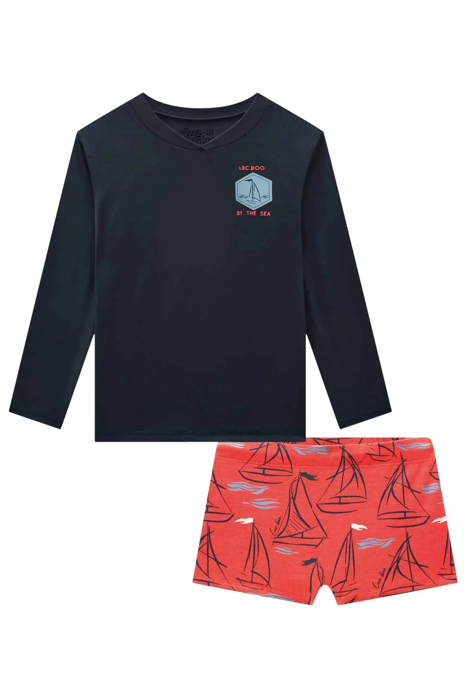 Conjunto de Camiseta e Sunga em Malha UV Dry com Proteção UV 50+ 85182 LucBoo Infantil Menino