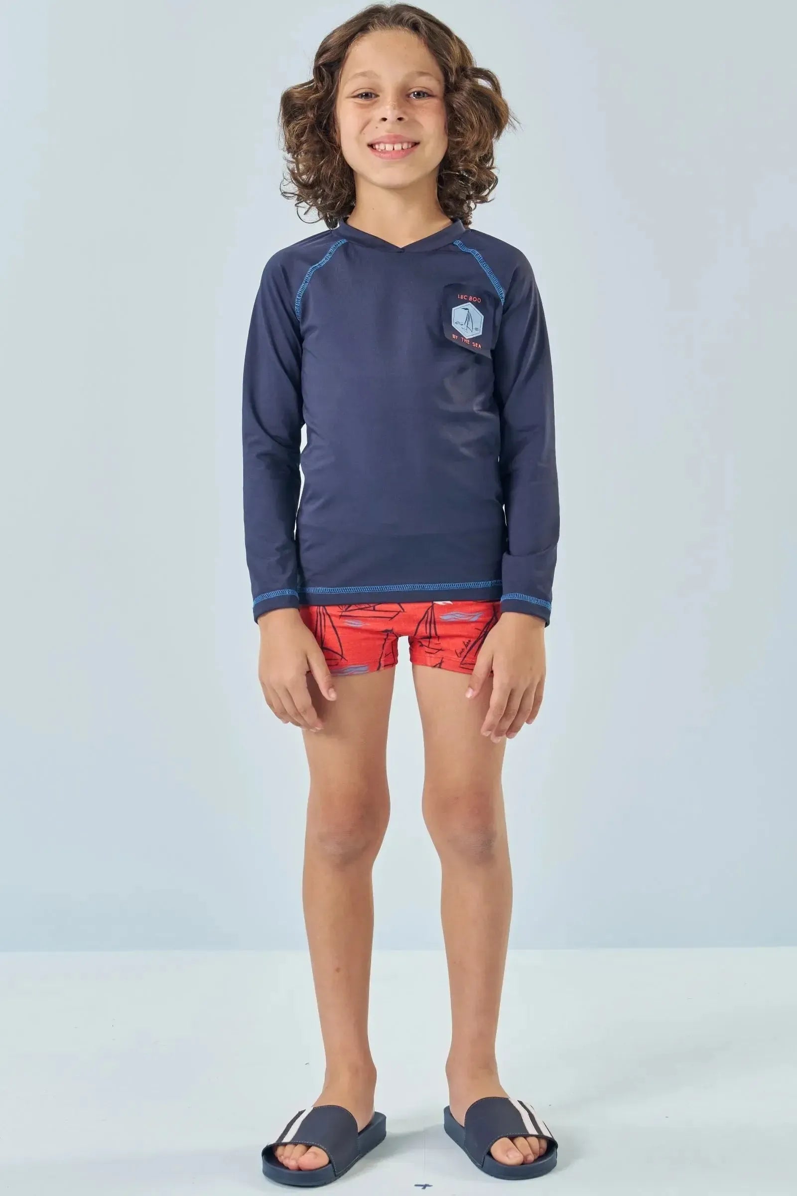 Conjunto de Camiseta e Sunga em Malha UV Dry com Proteção UV 50+ 85182 LucBoo Infantil Menino