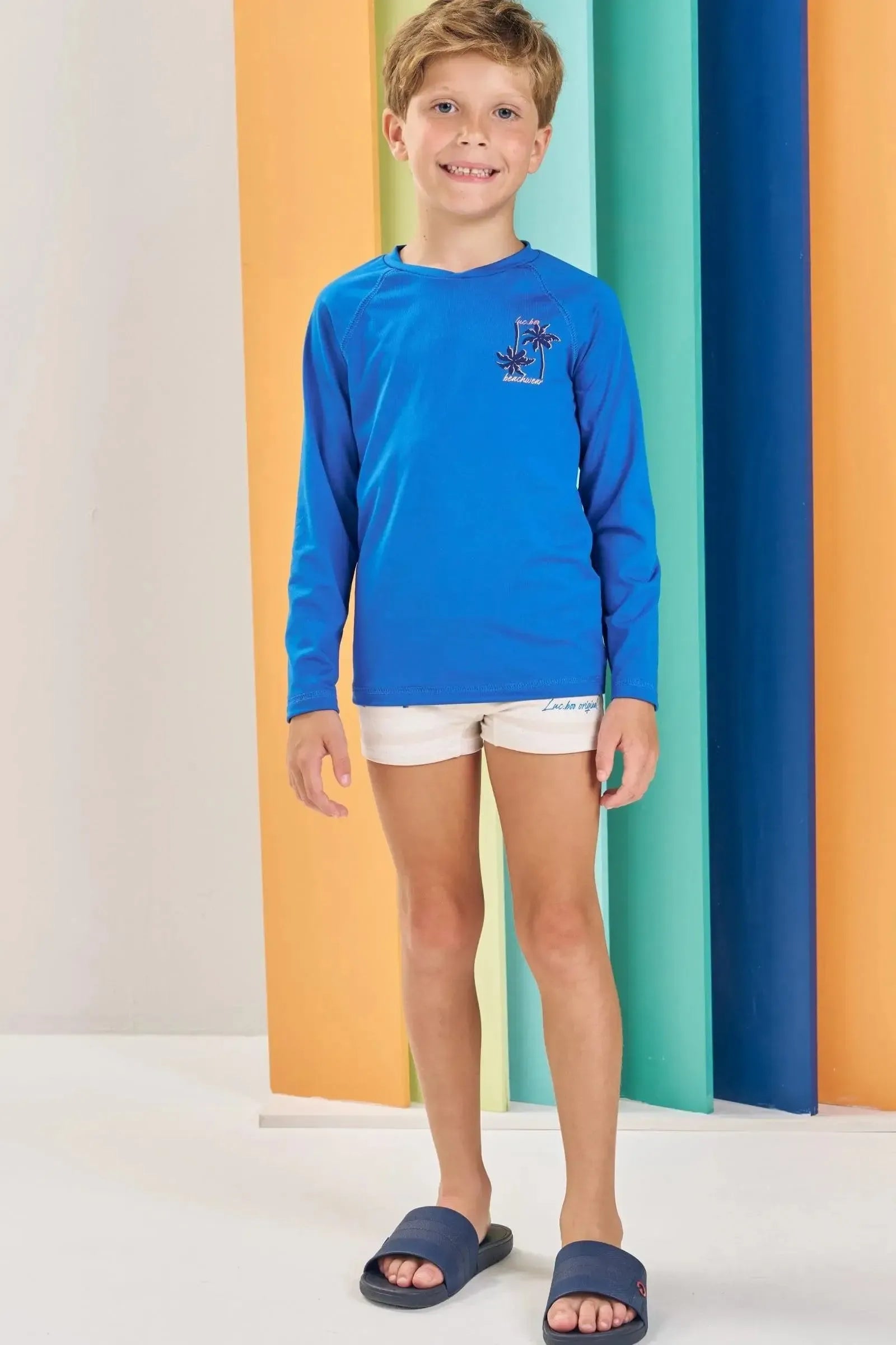 Conjunto de Camiseta e Sunga em Malha UV Dry com Proteção UV 50+ 88671 LucBoo Infantil Menino