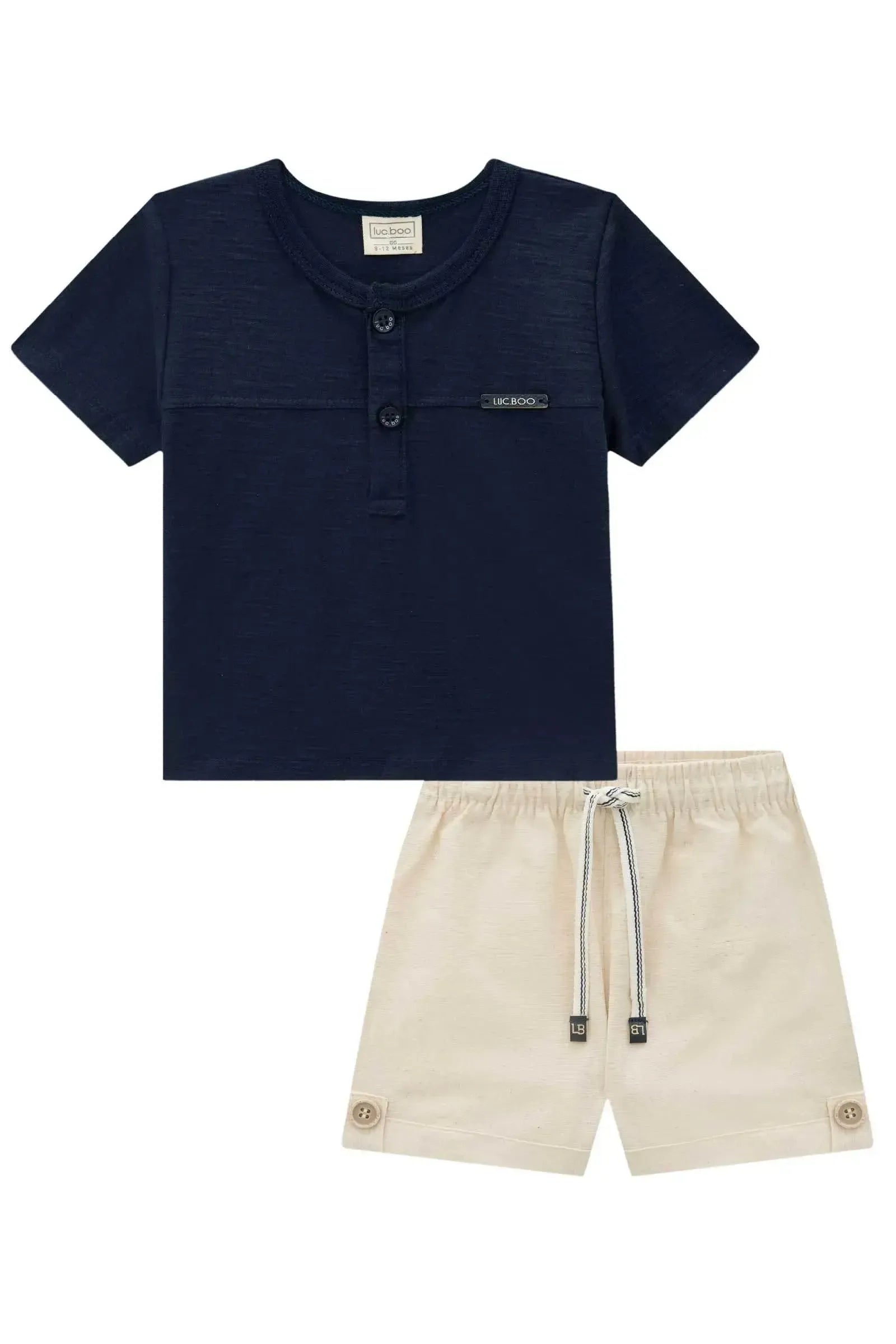 Conjunto de Camiseta em Malha Flamê e Bermuda em Linho Santorine com Elastano 86616 LucBoo Bebê Menino