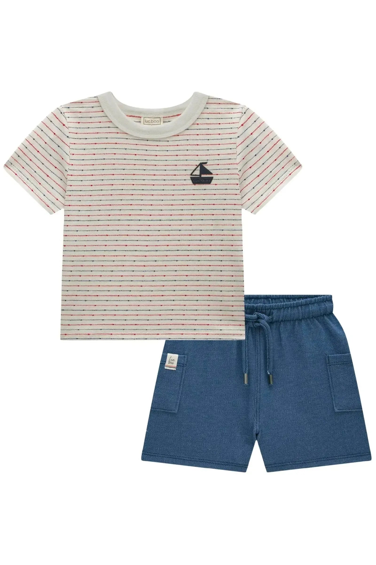 Conjunto de Camiseta em Malha Listrada Fio Tinto e Bermuda em Malha Denim com Elastano 82955 LucBoo Bebê Menino