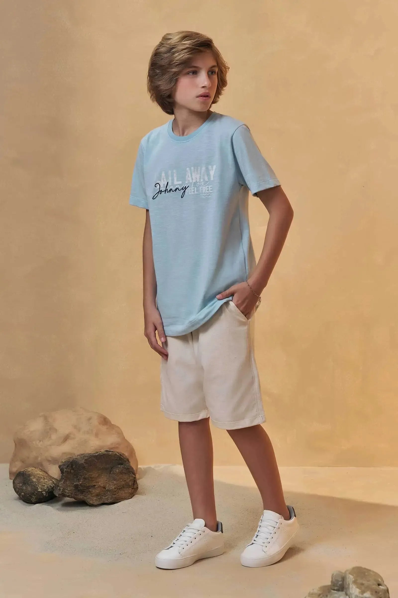 Conjunto de Camiseta em Malha Mesclada e Bermuda em Linho Santorine com Elastano 95699 Johnny Fox Teen Menino
