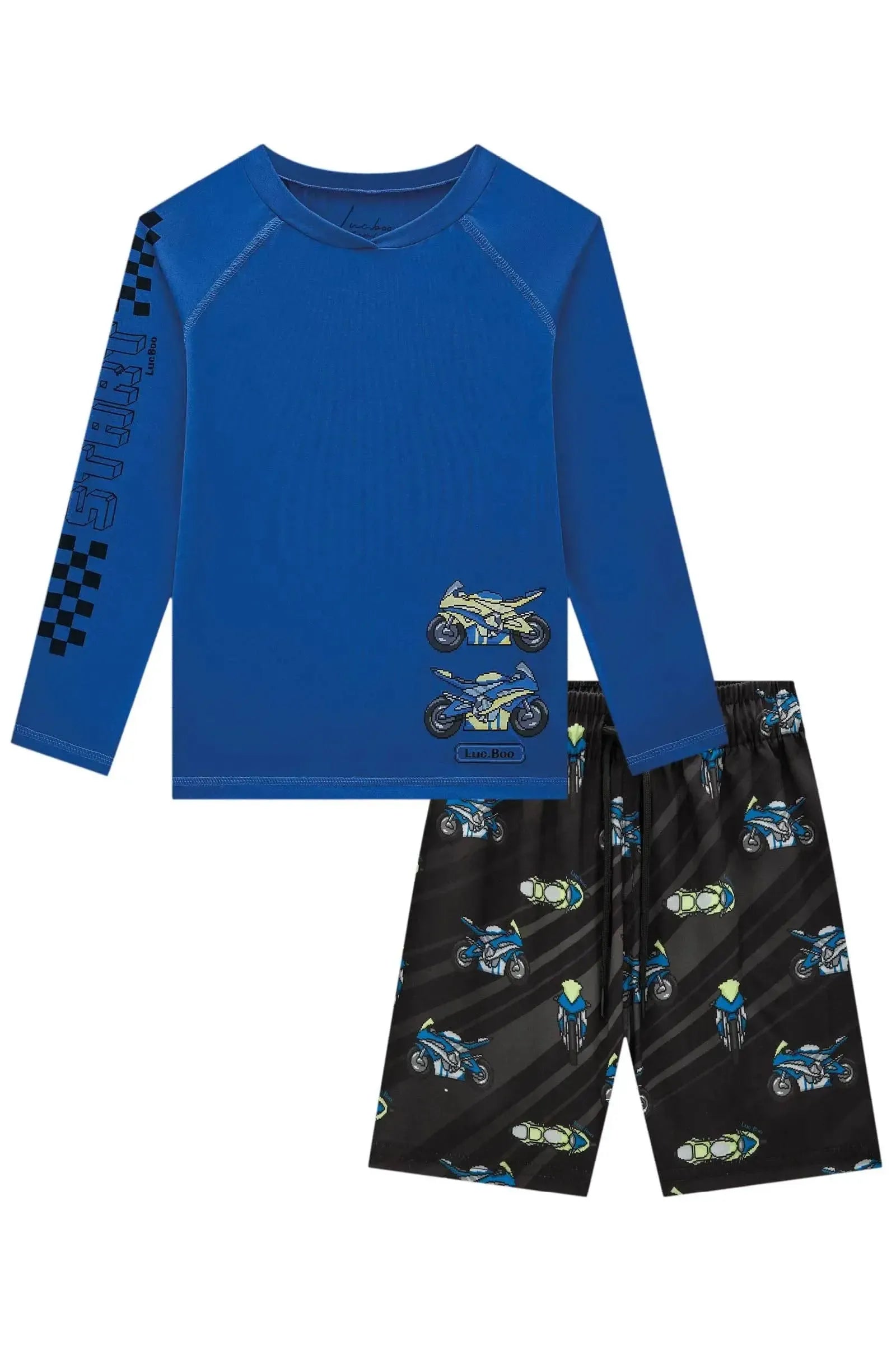 Conjunto de Camiseta em Malha UV Dry com Proteção UV 50 e Bermuda Boxer em Nylon Ergonomic 85145 LucBoo Infantil Menino