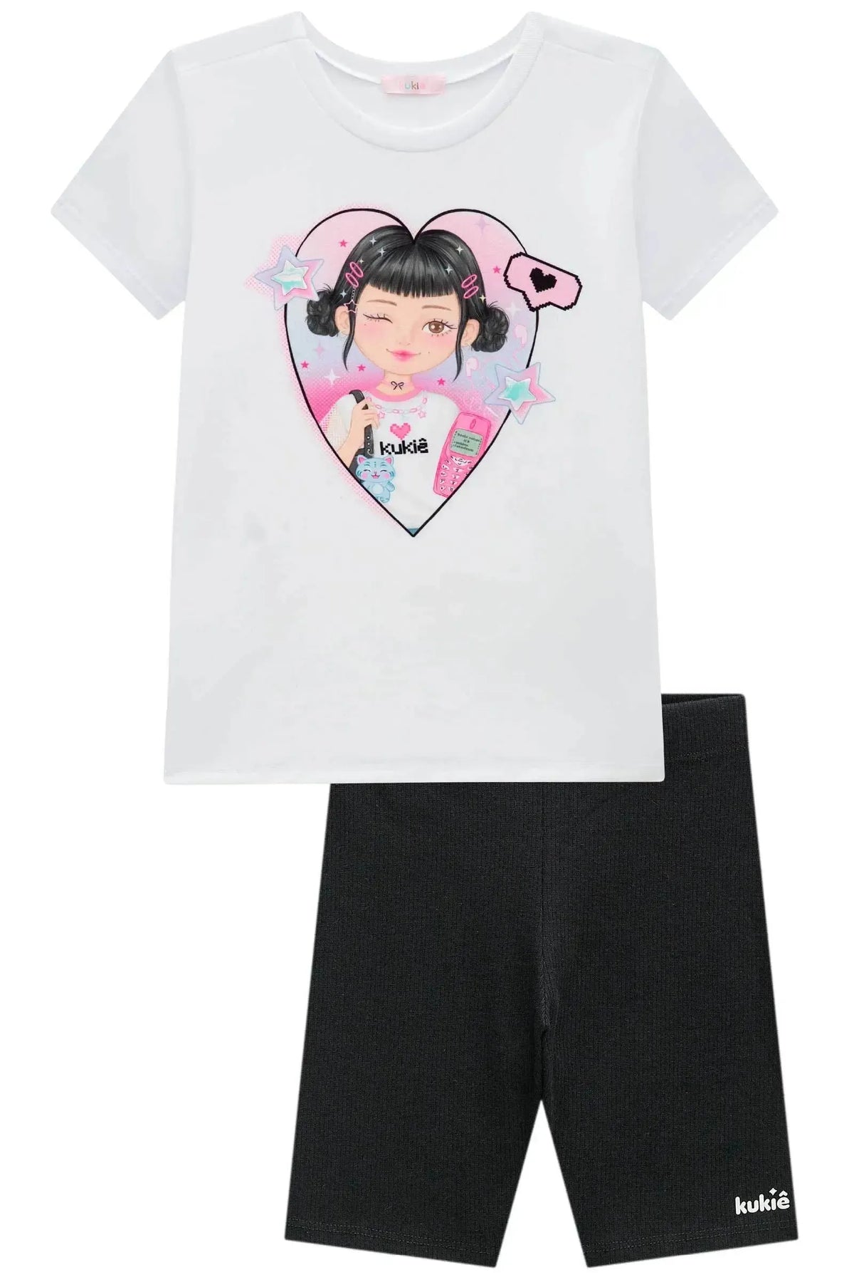 Conjunto de Camiseta em Meia Malha e Bermuda Biker em Canelado 98791 Kukiê Infantil Menina