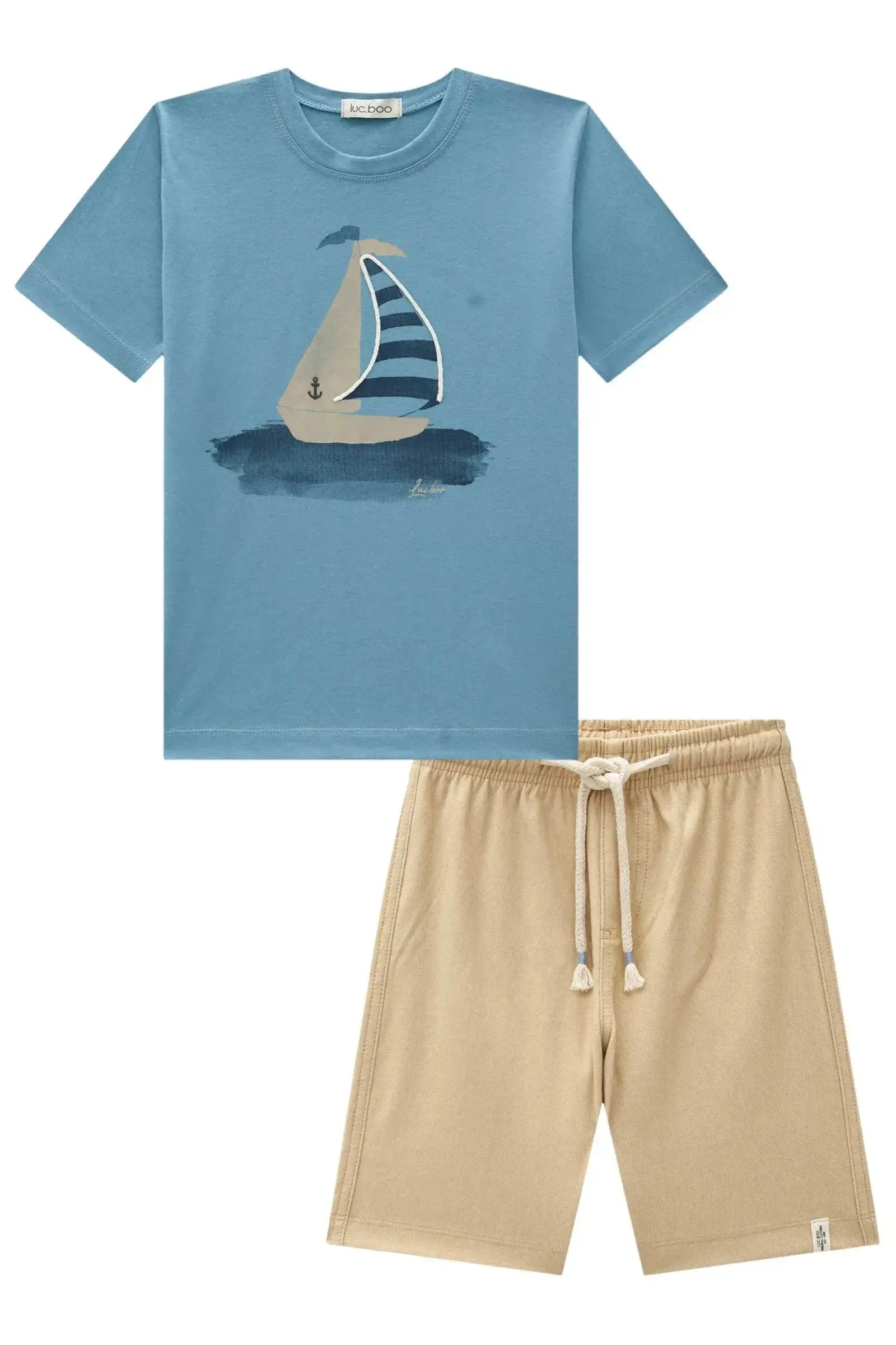 Conjunto de Camiseta em Meia Malha e Bermuda em Cotton Jeans com Elastano 82895 LucBoo Infantil Menino