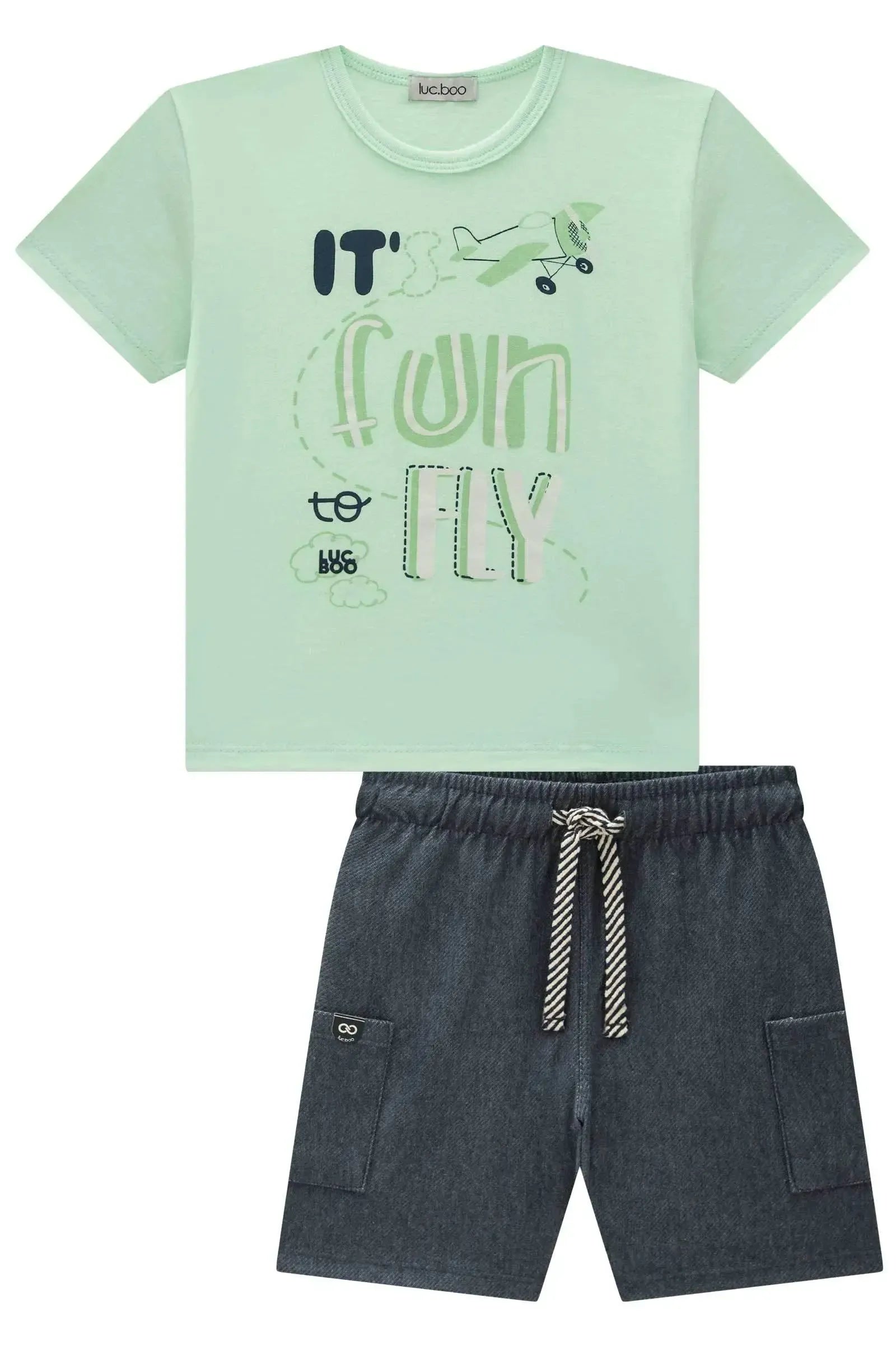 Conjunto de Camiseta em Meia Malha e Bermuda em Cotton Jeans com Elastano 94556 LucBoo Infantil Menino