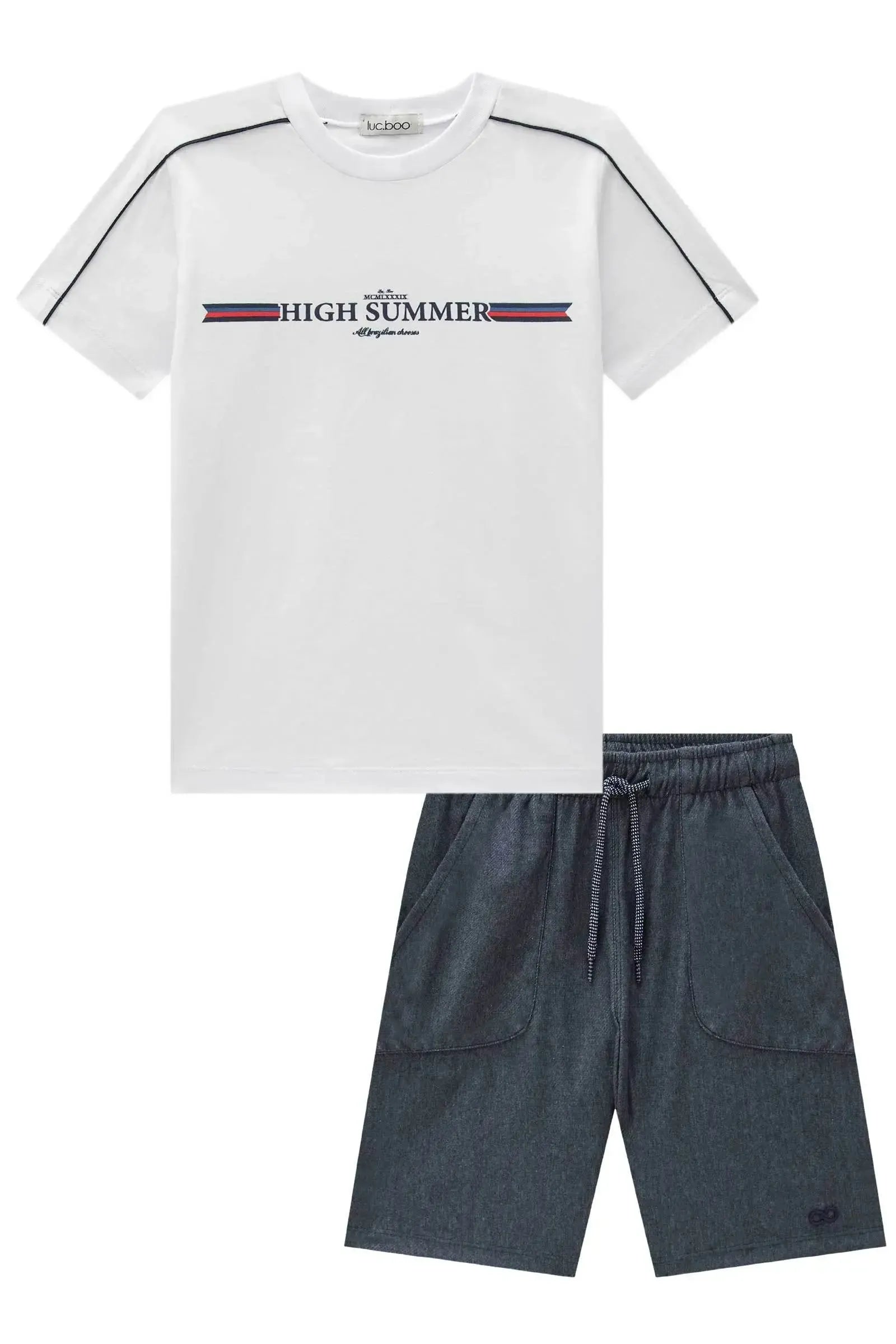 Conjunto de Camiseta em Meia Malha e Bermuda em Cotton Jeans com Elastano 96994 LucBoo Infantil Menino