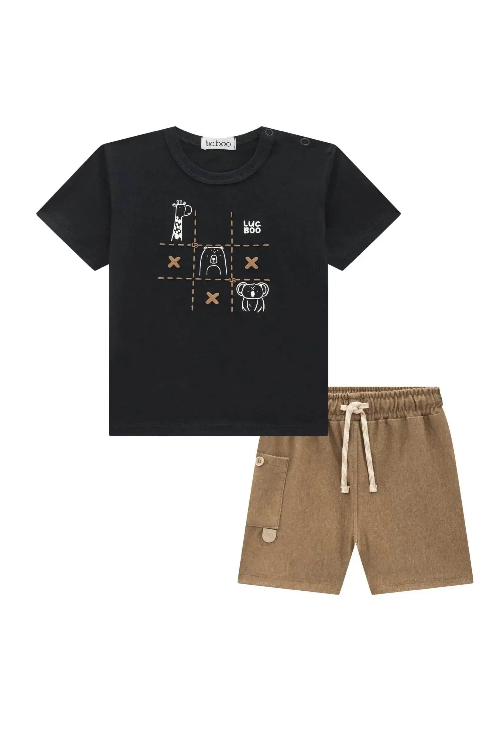 Conjunto de Camiseta em Meia Malha e Bermuda em Cotton Jeans com Elastano 97266 LucBoo Bebê Menino