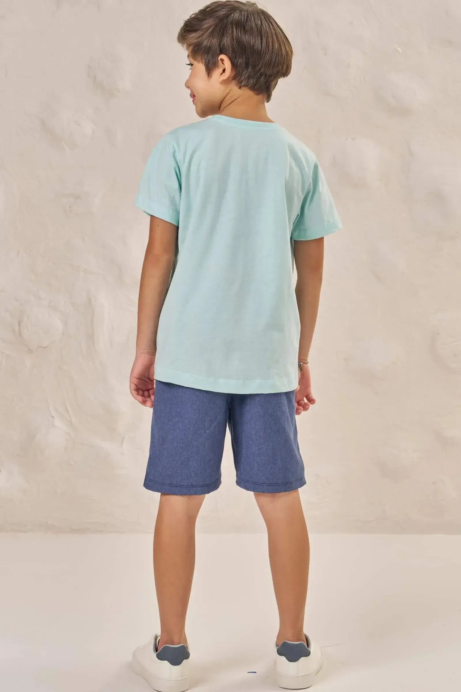 Conjunto de Camiseta em Meia Malha e Bermuda em Cotton Jeans com Elastano 86585 LucBoo Infantil Menino