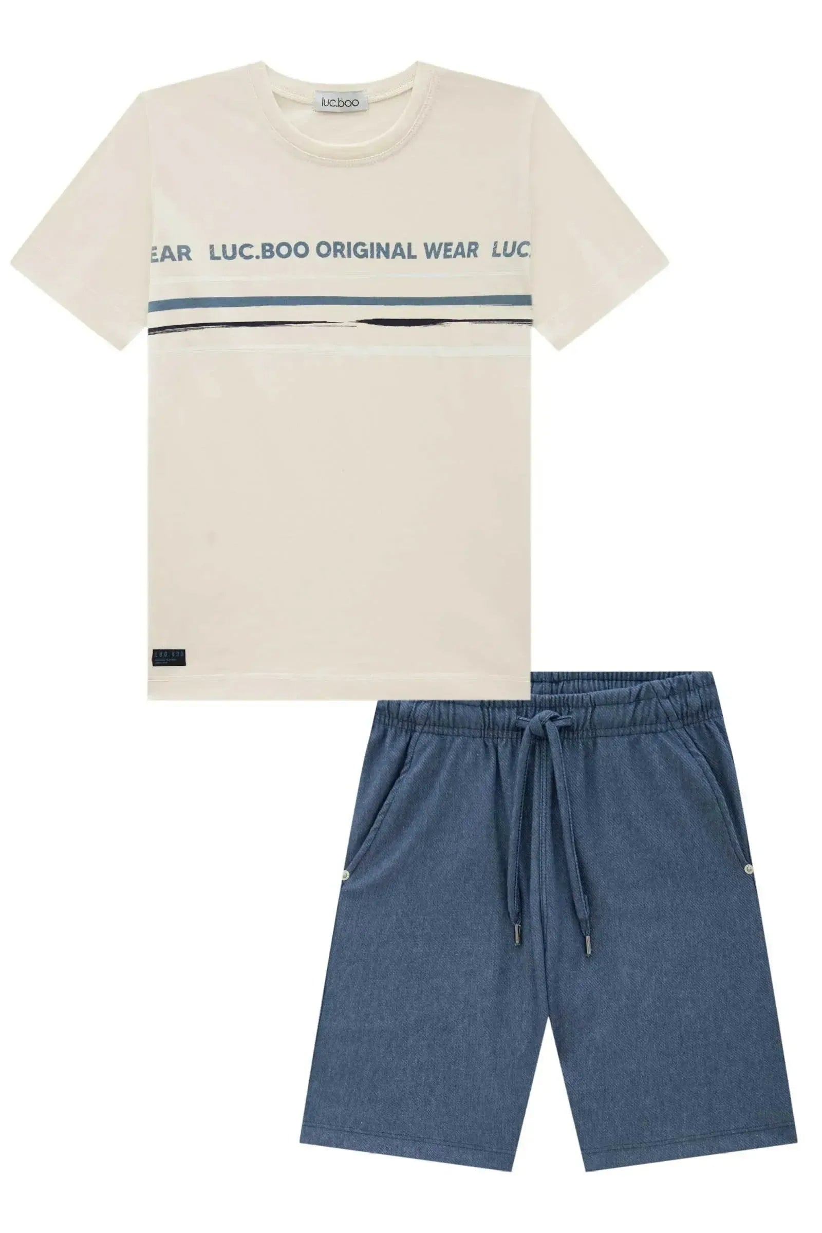 Conjunto de Camiseta em Meia Malha e Bermuda em Cotton Jeans com Elastano 87601 LucBoo Infantil Menino
