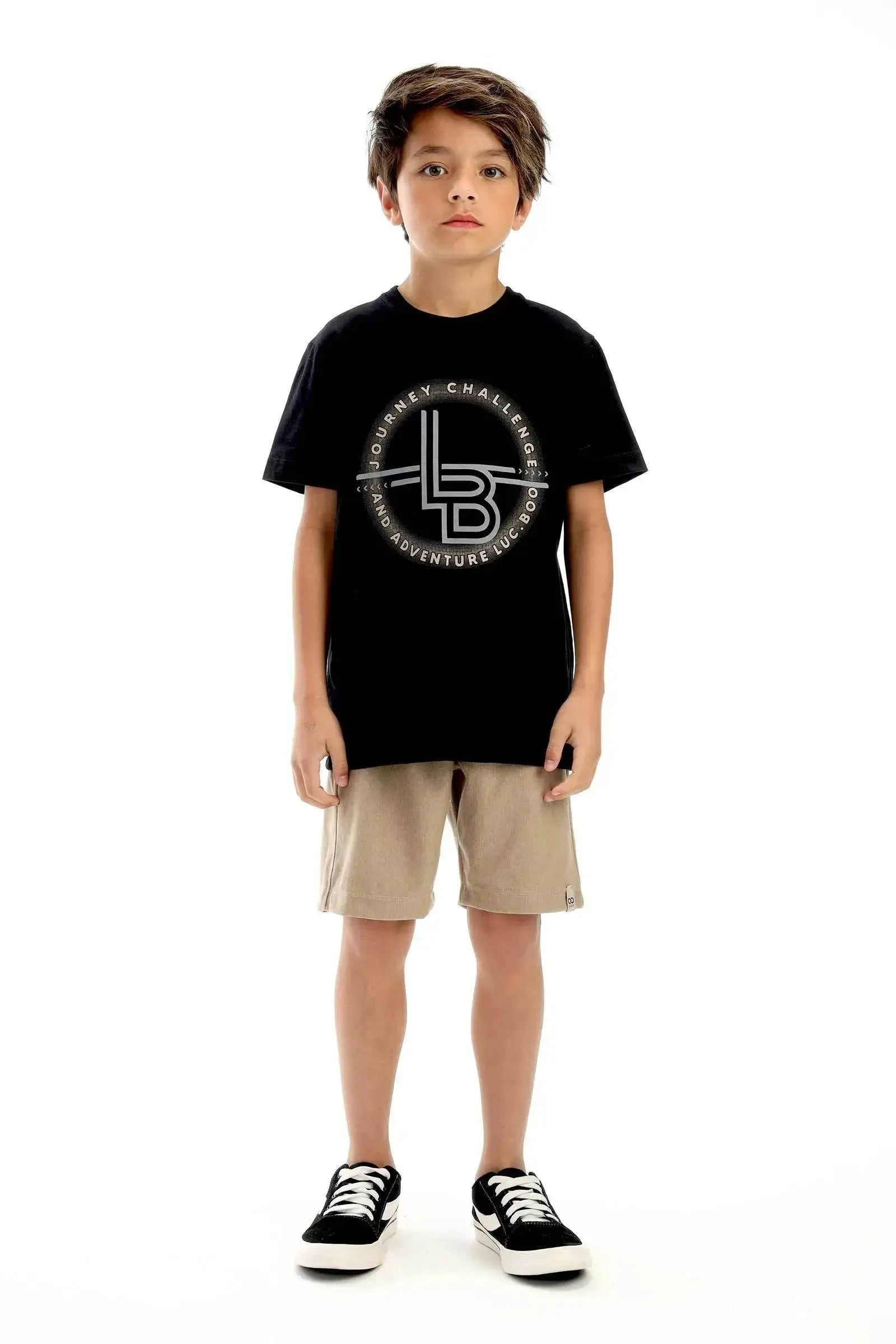 Conjunto de Camiseta em Meia Malha e Bermuda em Cotton Jeans com Elastano 92396 LucBoo Infantil Menino